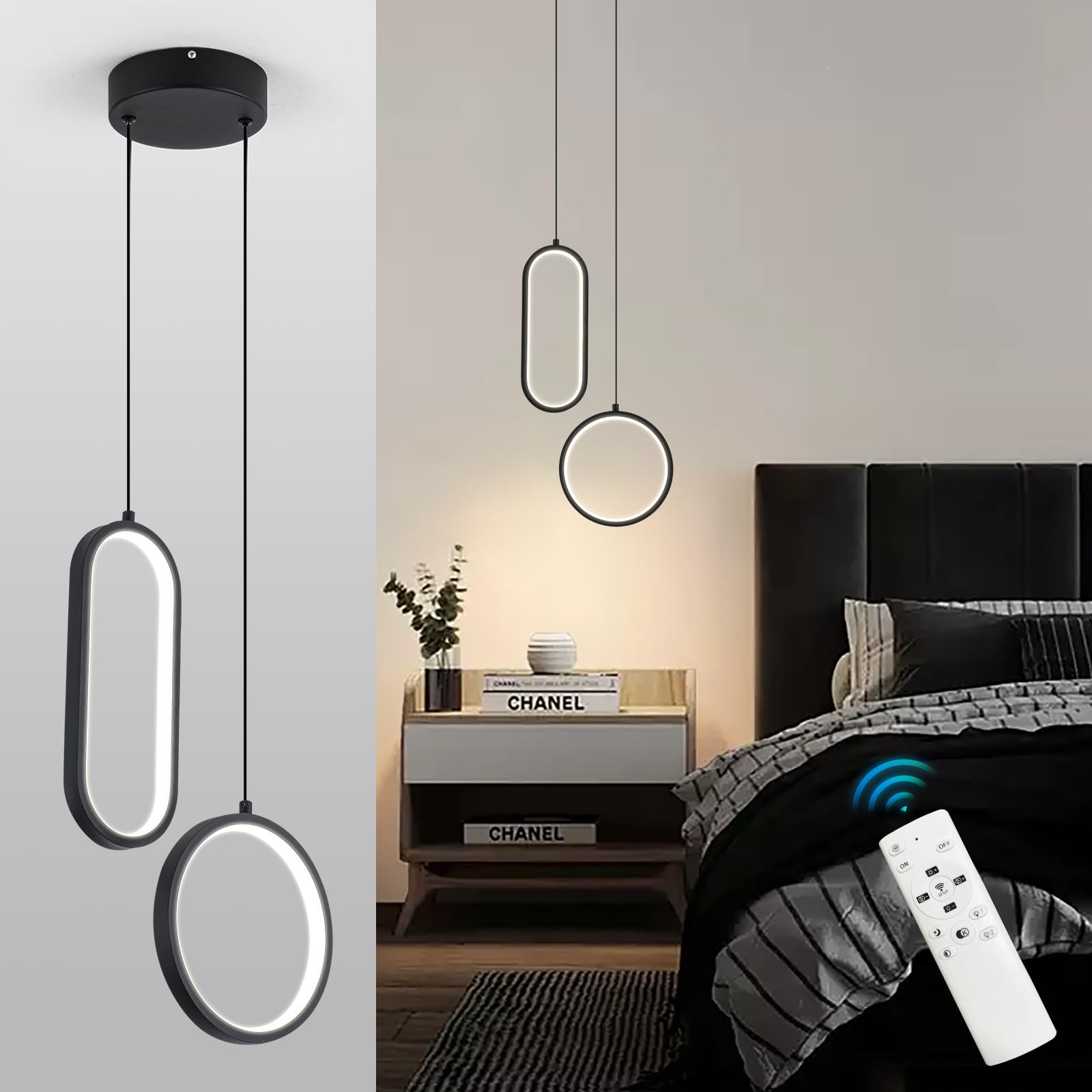 CHYING LED Pendant Light 2 Ring 24W Dimmable Metal Black CYD401-2RING-B-D