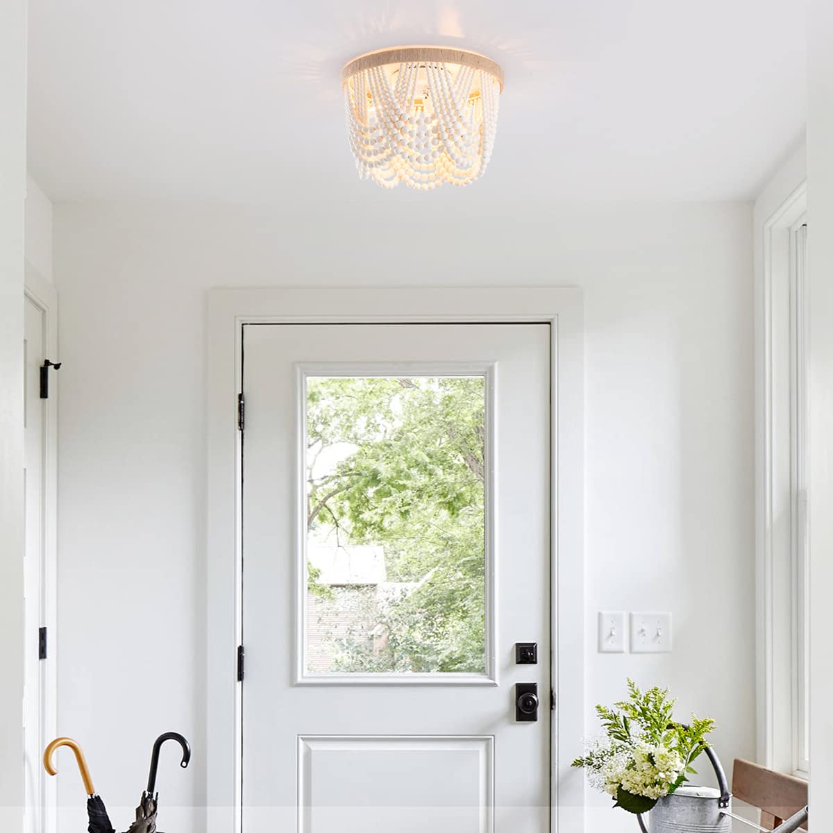 VILUXY Bohemia Wood Beaded Flush Mount Ceiling Light, Antique Rustic 3-Light Chandelier, Oak White Finish for Bedroom, Nursery, Dining Room