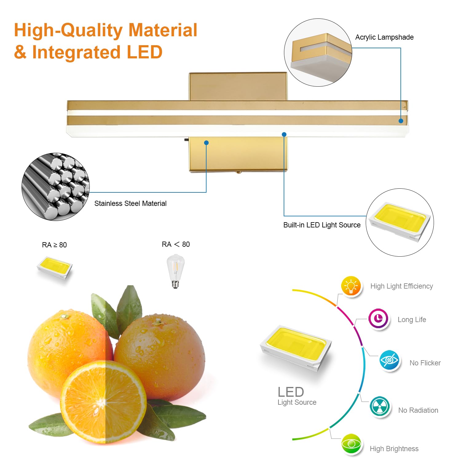 Sinerise Led Modern Bathroom Vanity Light Fixtures (16-Inch, 3000K/4000K/6000K, Dimmable), Gold Modern Acrylic Bathroom Wall Lig