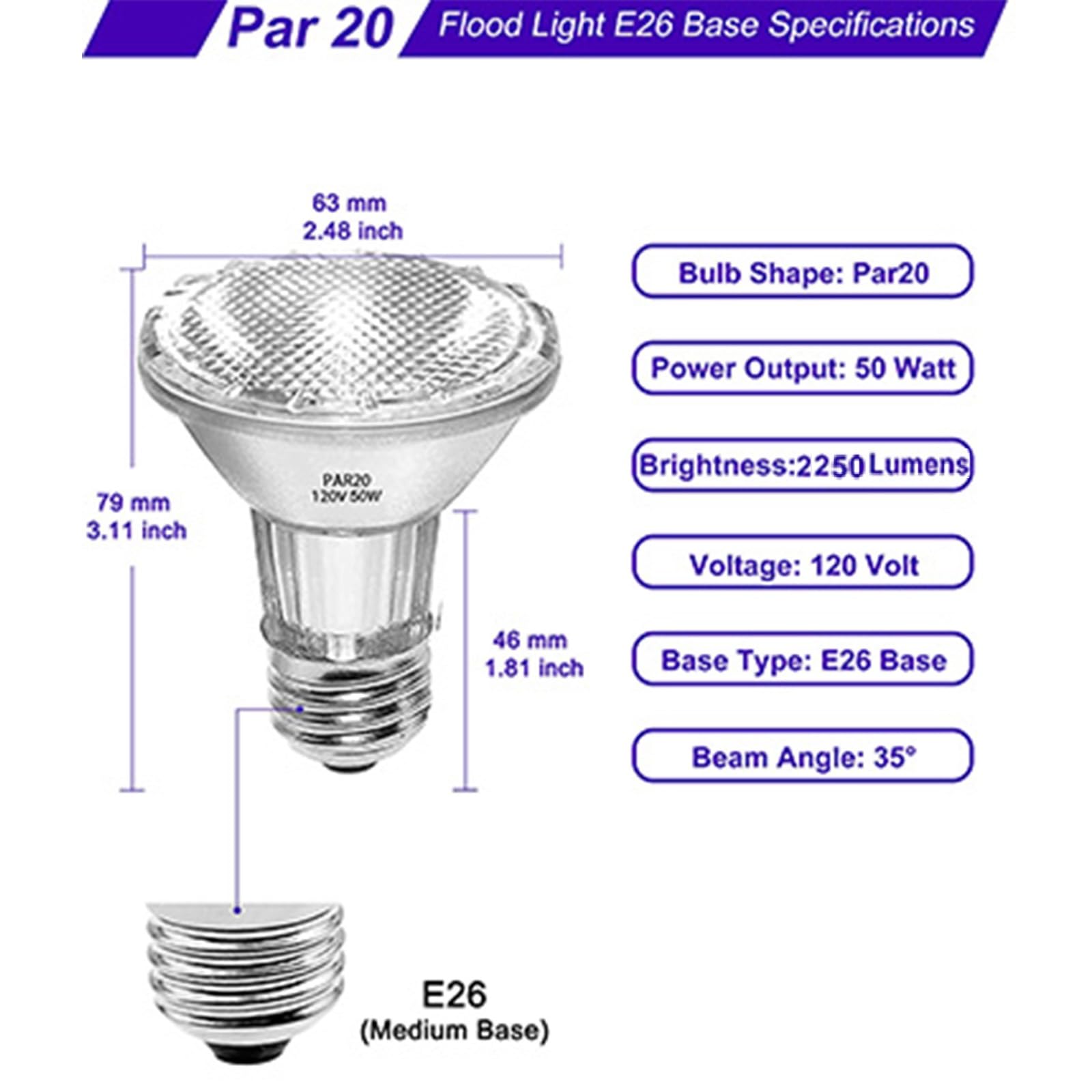 Jaenmsa Par20 Flood 50W 120V Bulbs, 6 Pack 50 Watt Par20 Halogen Bulb 2250 Lumens, Dmimable Par20 E26 50W 120V Eco Halogen Light