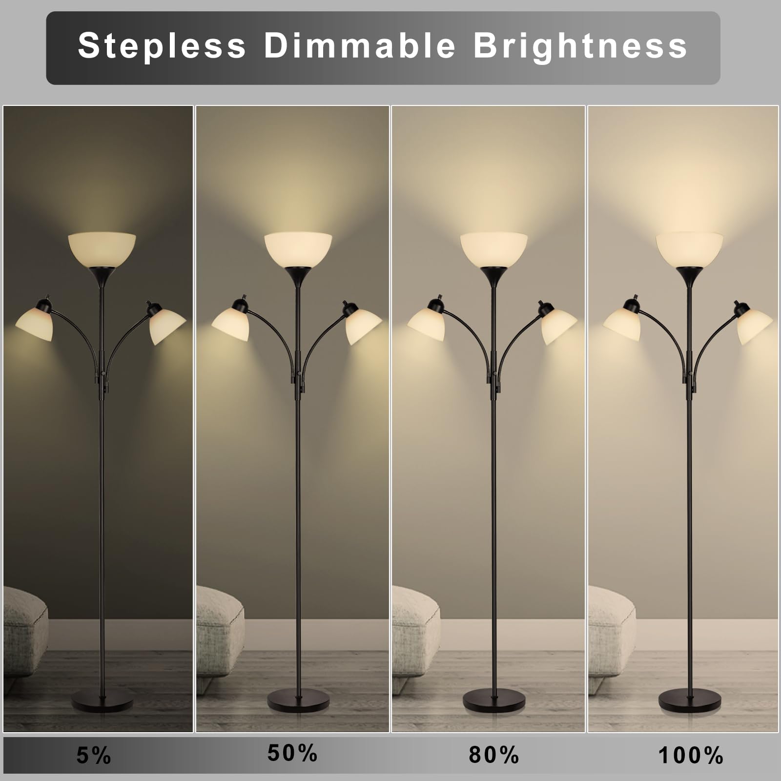 Rislg Floor Lamps For Living Room,Standing Lamp With Stepless Dimming, 3 Lights Adjustable Reading Lights, Morden Tall Lamps For