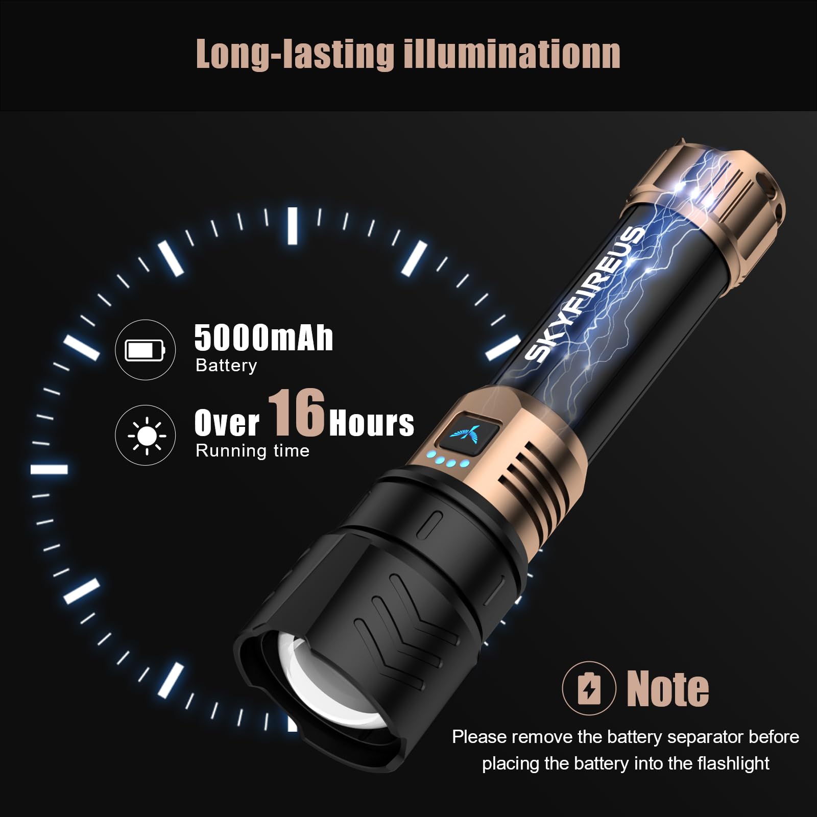 SKYFIRE Rechargeable LED Flashlight 2000lm, Zoomable, Waterproof, Aluminum Alloy, Black & Gold, Model SF-1097-Type