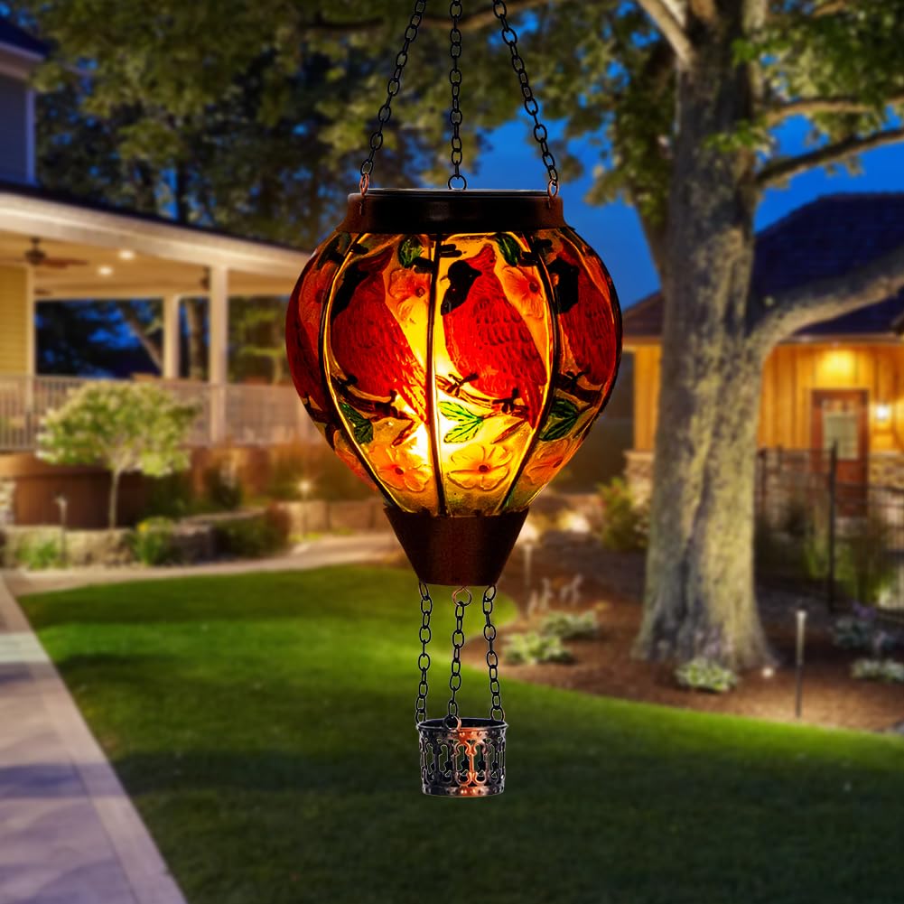 DREAMSOUL Mosaic Hot Air Balloon Solar Lantern with LED Light, Hanging Glass Solar Lanterns Outdoor Waterproof for Garden Patio
