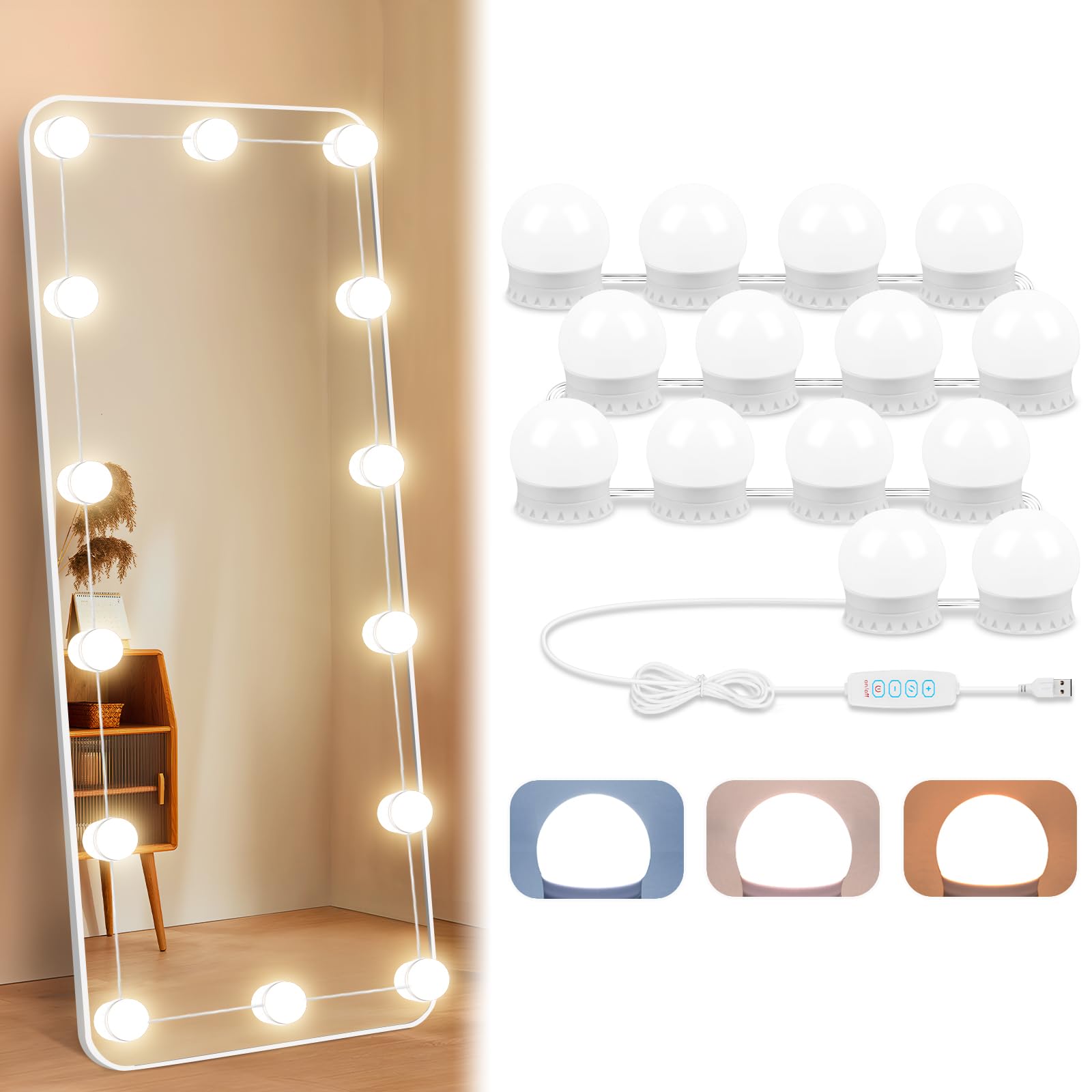 Led Vanity Lights For Mirror With 14 Dimmable Bulbs, Vanity Lights Stick On, 3000K 4000K 6500K & 10 Level Brightness Adjustable,