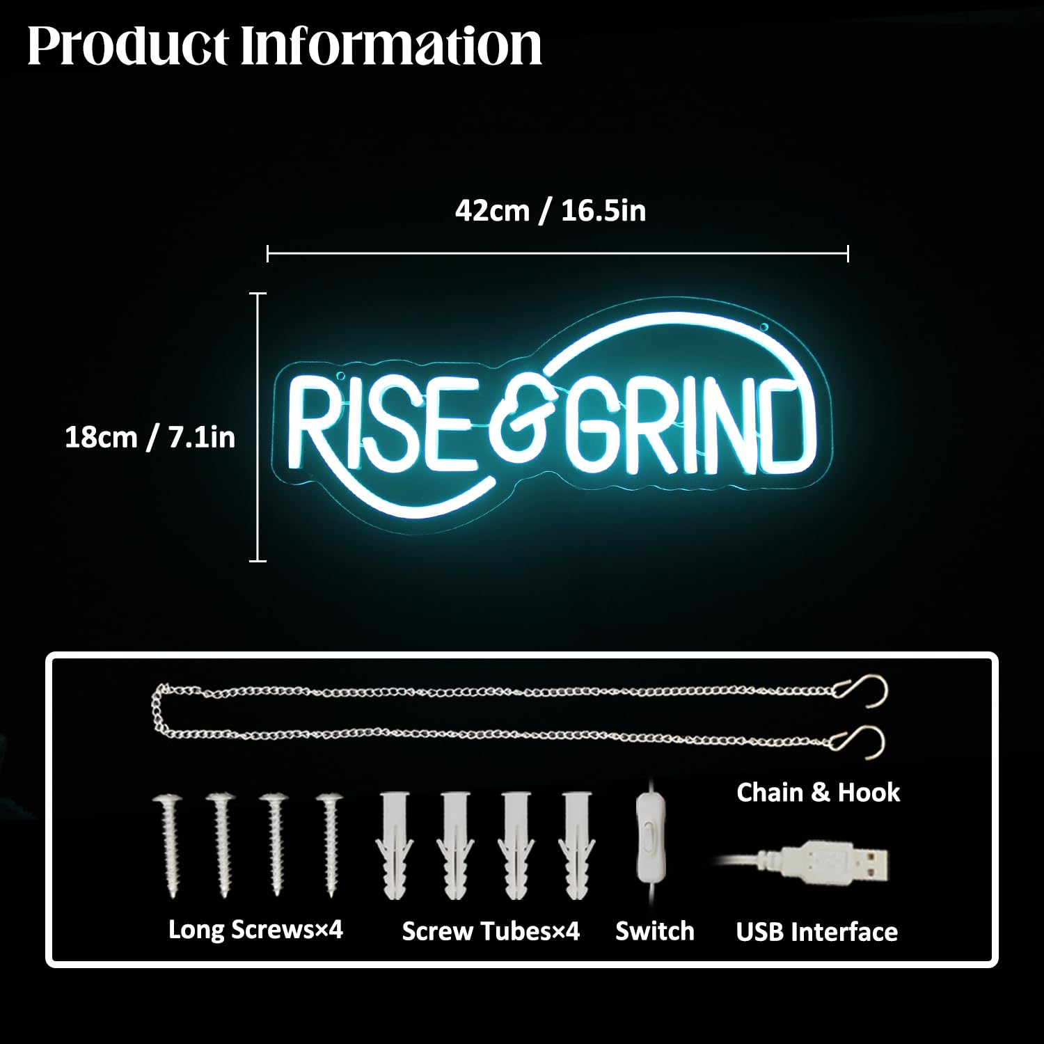 CKTBLEY Neon Sign - Rise & Grind Motivational LED Wall Art, Ice Blue, Acrylic, Inspirational Decor for Bedroom, Office, Gym, Man Cave