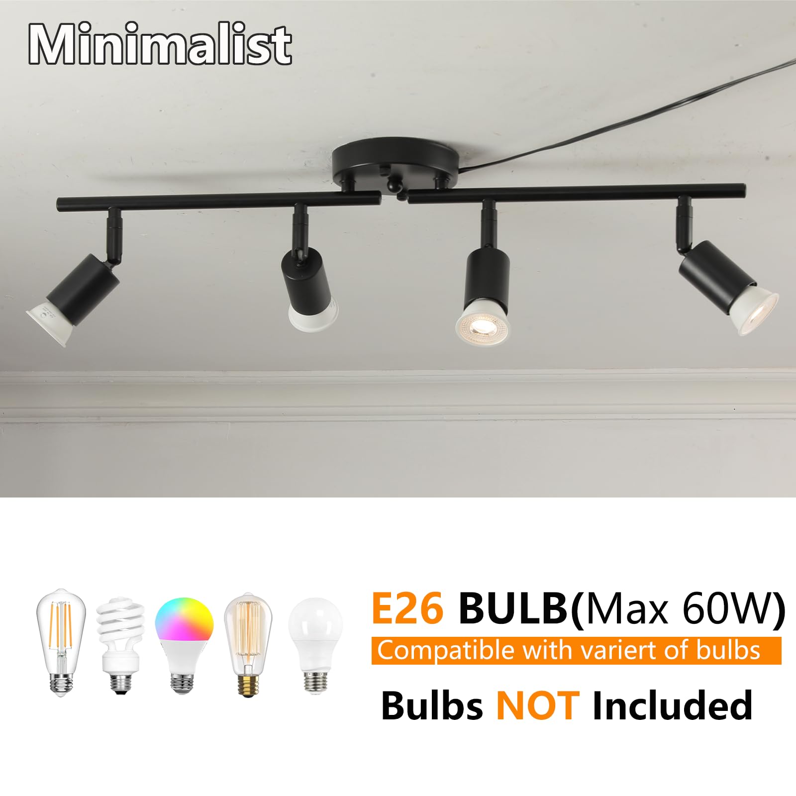 Vivihobb Plug In Track Light Black 4 Light Plug In Ceiling Lighting Fixture With 16.4 Long Cord 4 Way Ceiling Spotlight Rotatable Wall Mount Light Head Bulbs Not Included