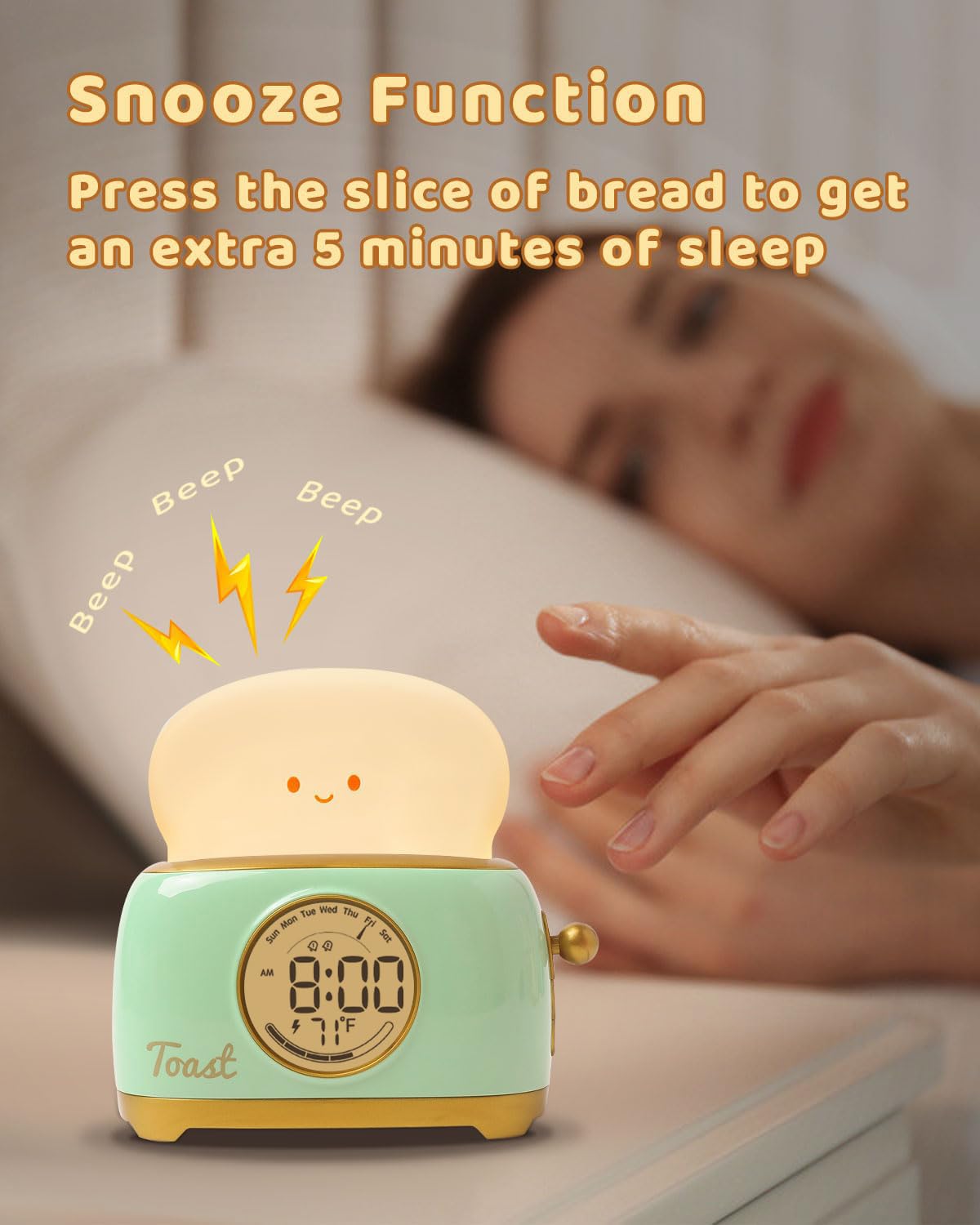 BANDIANCY Kids Toast Night Light Alarm Clock - Green Silicone Sleep Trainer for Toddlers, Perfect Gift for Boys and Girls