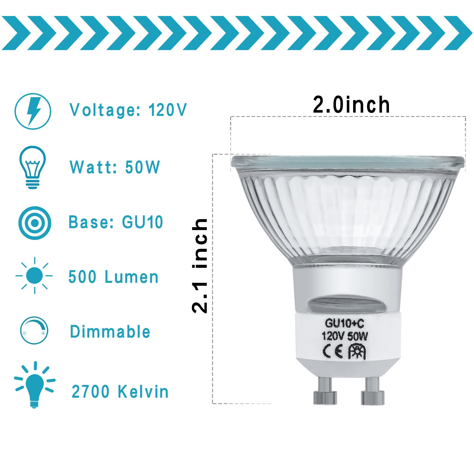 Ybek Gu10 Halogen Bulbs 50W 120V Mr16 For Track,Recessed,Accent Lighting,Ceiling Light,Range Hood, Dimmable Warm White, Pack Of 4