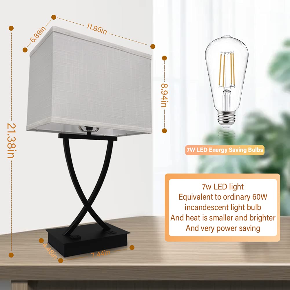 OYedis 3-Way Dimmable Touch Control Table Lamp with USB Charging, 21.38" Flat Black Metal Shade for Bedroom, Living Room, Office