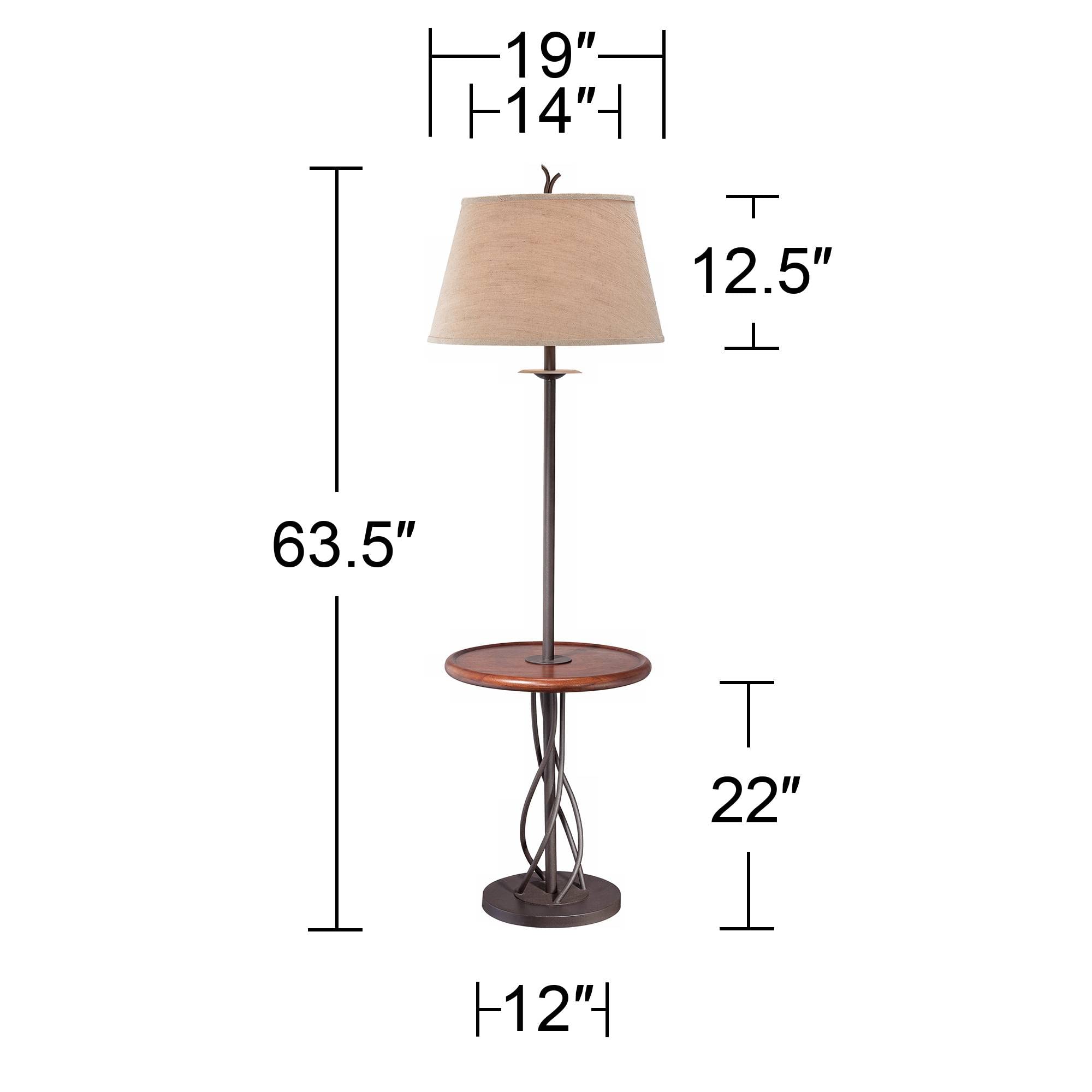 Franklin Iron Works Rustic Floor Lamp with Tray Table, 63.5" Tall, Brown Linen Shade, Wood Twisted Iron Base, Model N5774