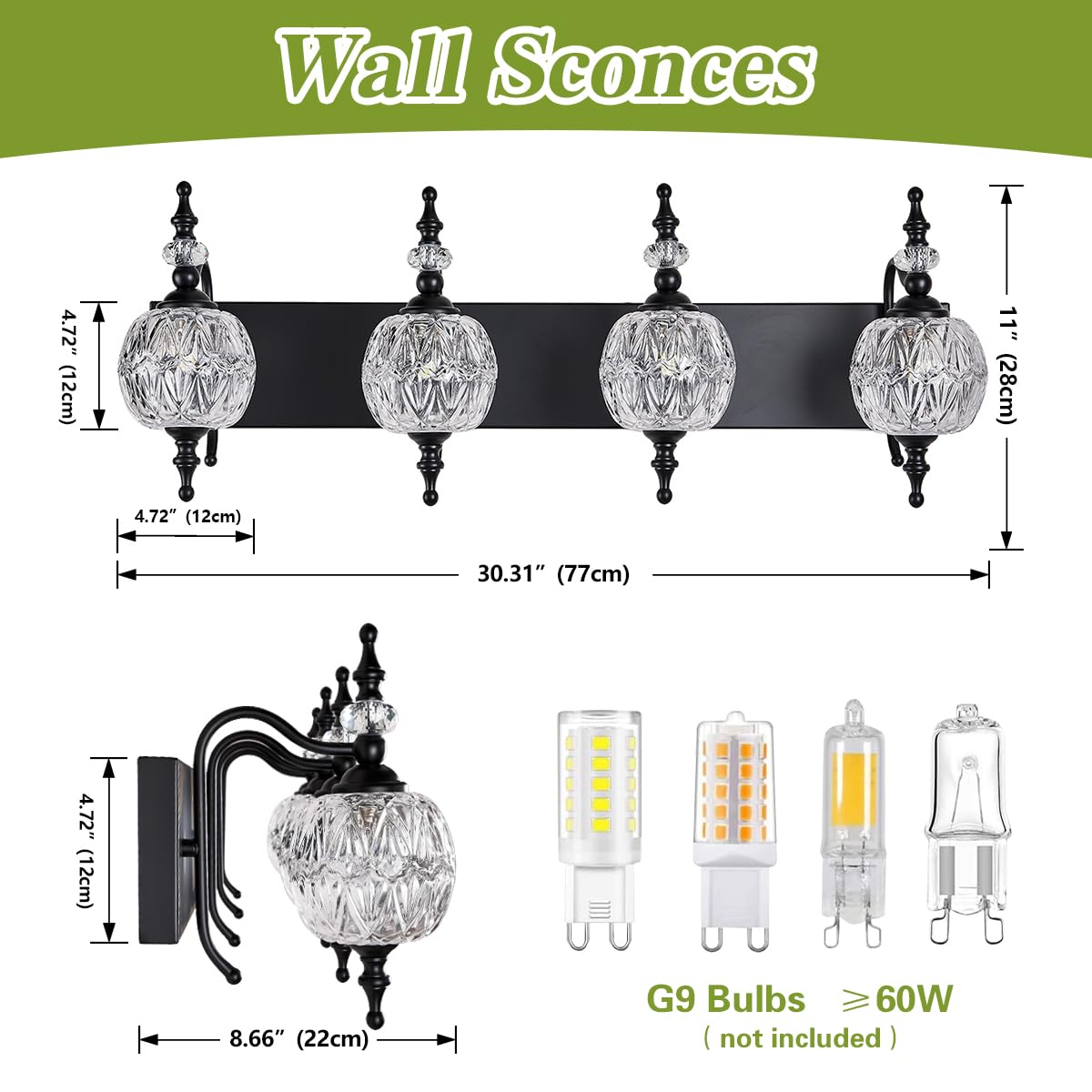 TLOLGT Bathroom Vanity Light Fixtures, 4 Lights, Black Glass Shade, Model W555-4B