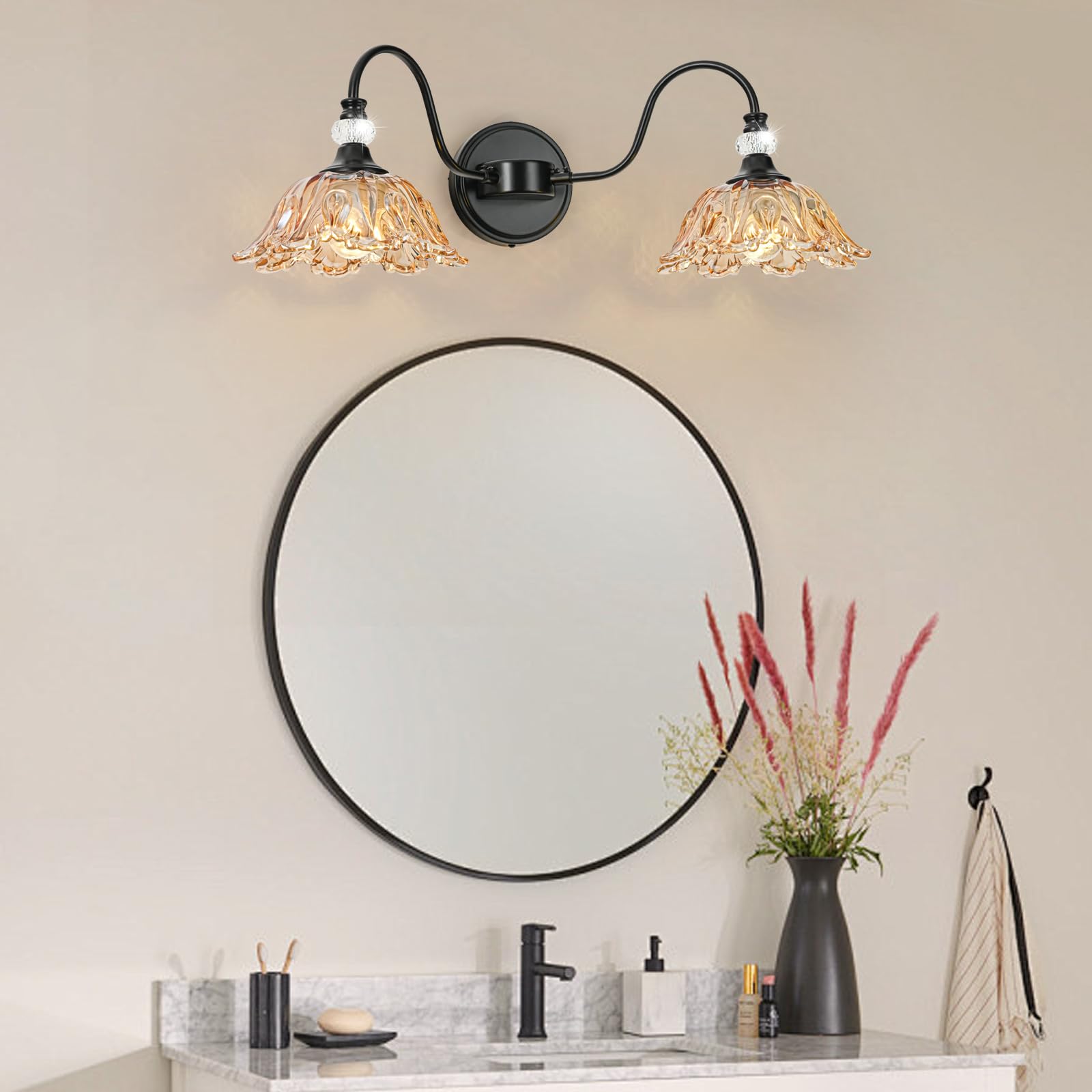 sunkryster 2-Light Black Bathroom Vanity Light with Floral Amber Glass Shades, Vintage Farmhouse Wall Mount, Model Sun-104AB-2-Black-Amber