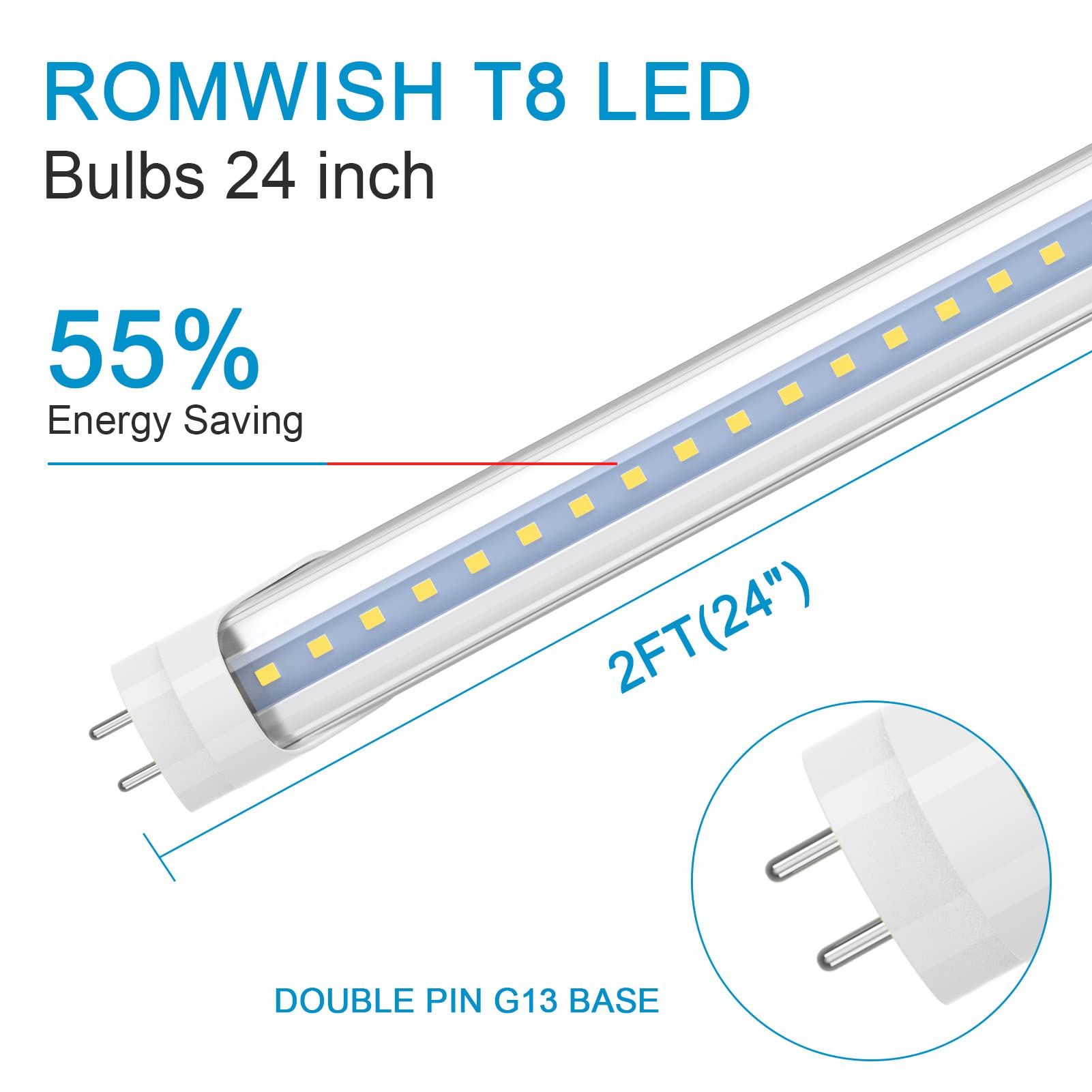 Romwish 24" T8 LED Tube Light, 10W, 1120LM, Daylight White, F17T8 Replacement, Type A+B, 4 Pack