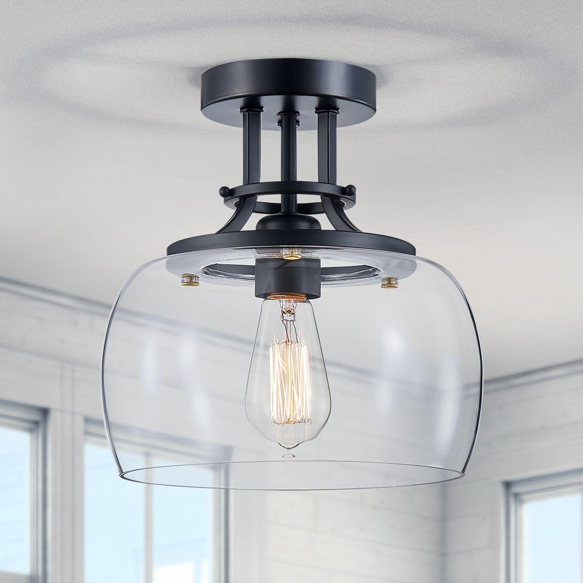WUZUPS Chandelier Rustic Farmhouse Industrial Round Semi-flushmount Ceiling LED Light Fixture with Clear Glass Shades for Bathro