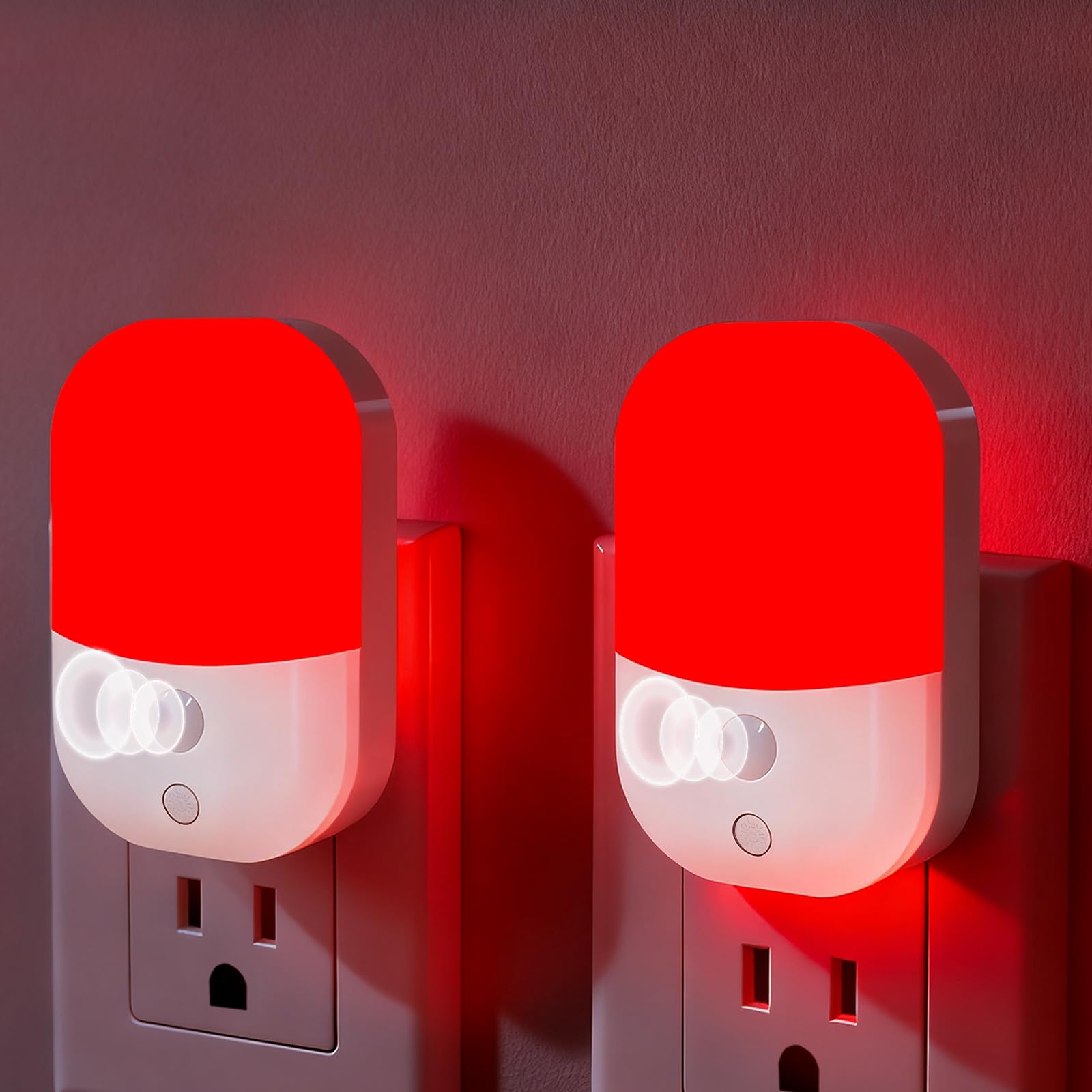 LemSen 670nm Red Light Night Light for Sleep Therapy - 2 Pack, Auto Dusk to Dawn Sensor, 0.3W Dimmable & Portable LED Red Night 