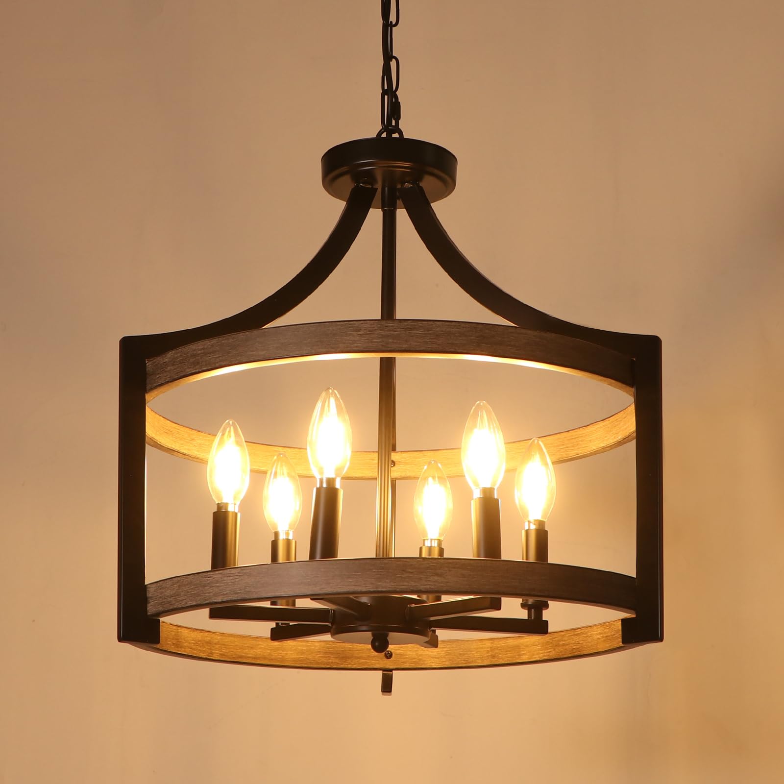 WBinDX 6-Light Farmhouse Chandelier, Metal & Faux Wood, Black, Model WB128M-6BW, Rustic Pendant Lighting for Dining Room & Kitchen