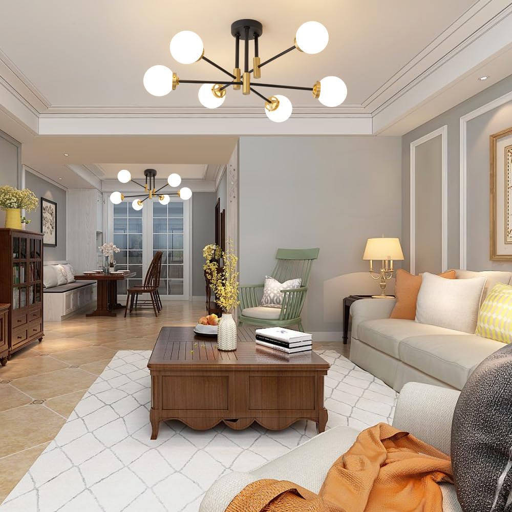 Biewalk Sputnik Ceiling Light Fixture 6 Light Sputnik Chandeliers, Black And Gold Chandelier Light Fixture With Milk White Glass Shade For Living Room Kitchen Bedroom Dining Room (E26 Bulb Excluded)