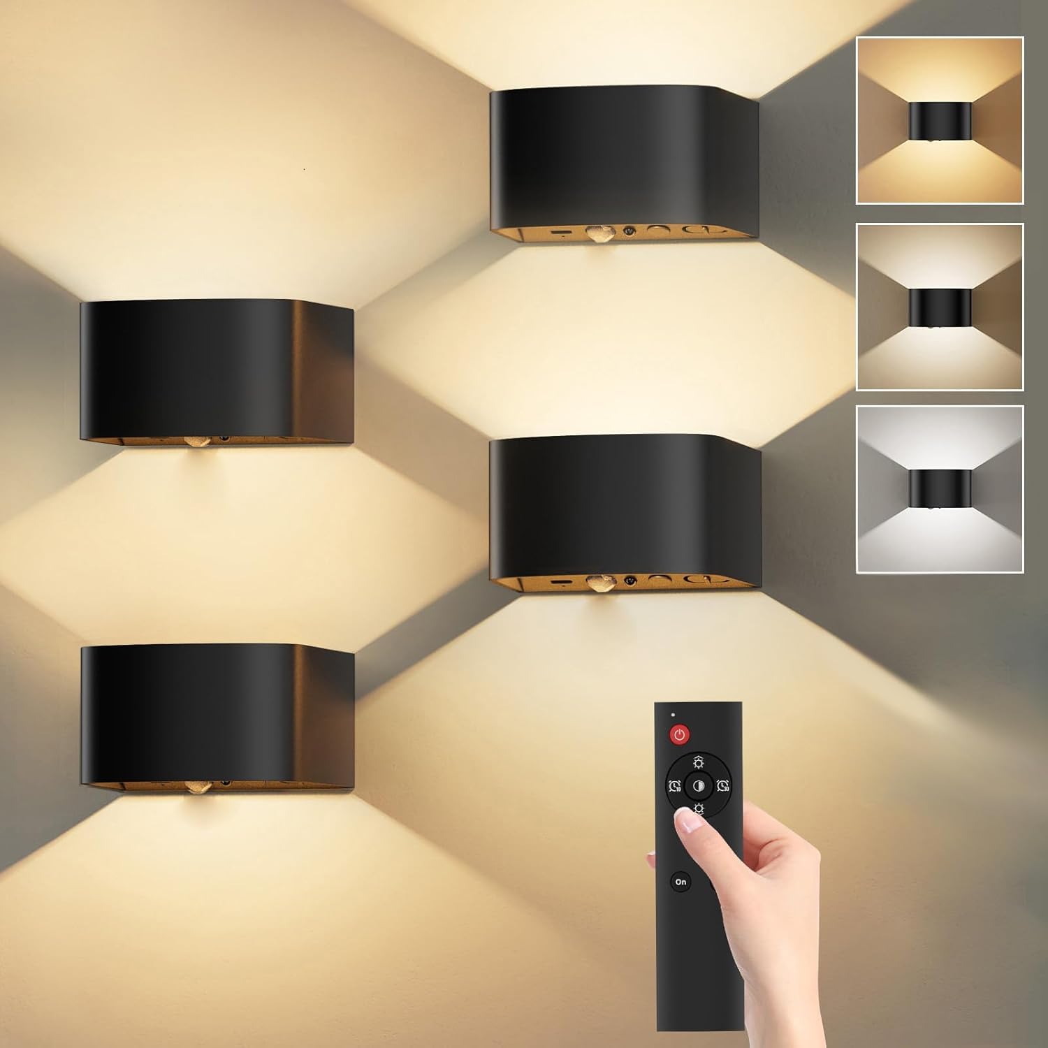LOLEDS Motion Sensor Wall Sconces, Rechargeable LED Light with Remote, Dimmable 3 Color, 4PCS-Black, Model MD-KL-4PCS-BK