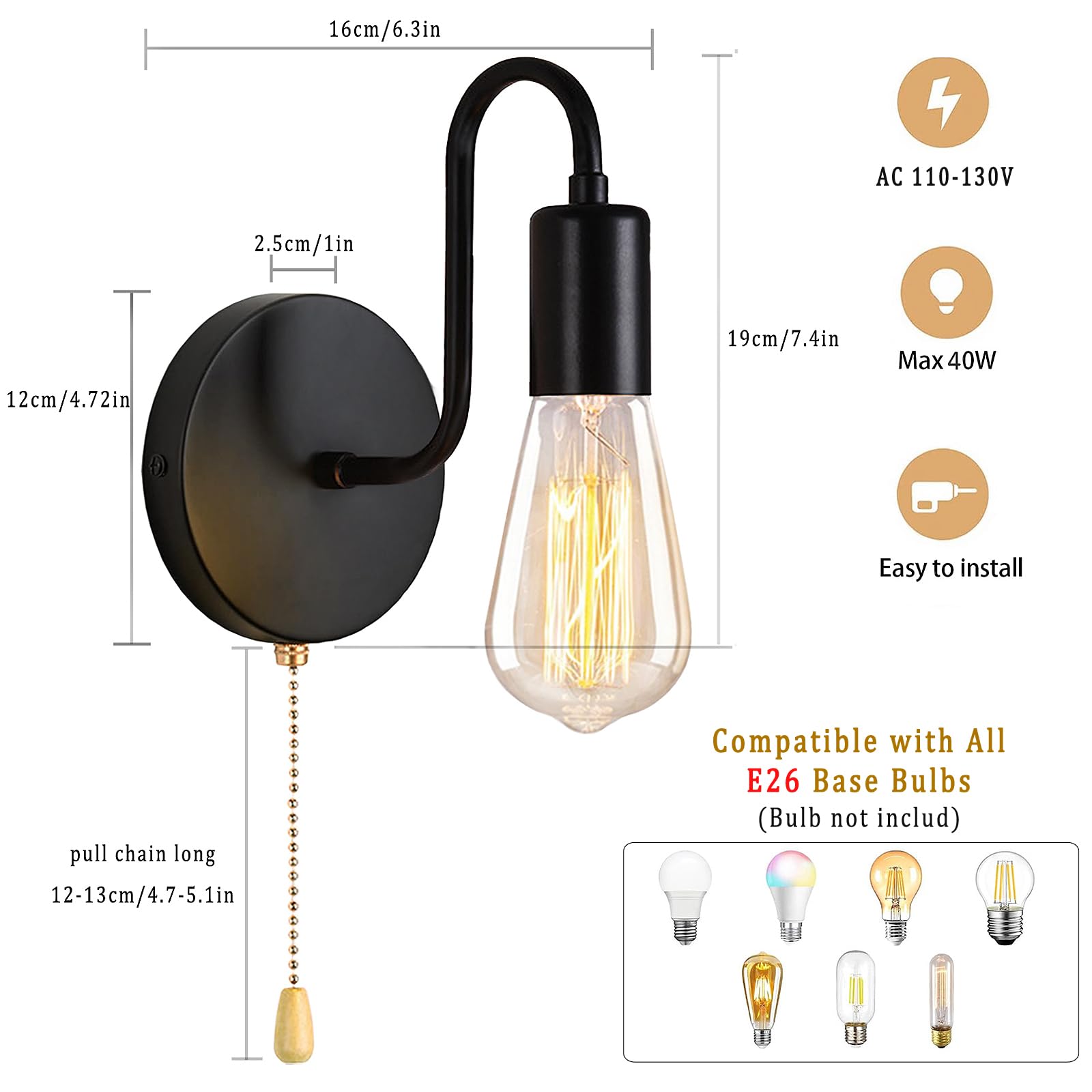 Dtiedy Pull Chain Wall Light Fixture 1-Light Wall Sconce With On Off Switch Hardwired Black Wall Sconces Indoor Vintage Industri
