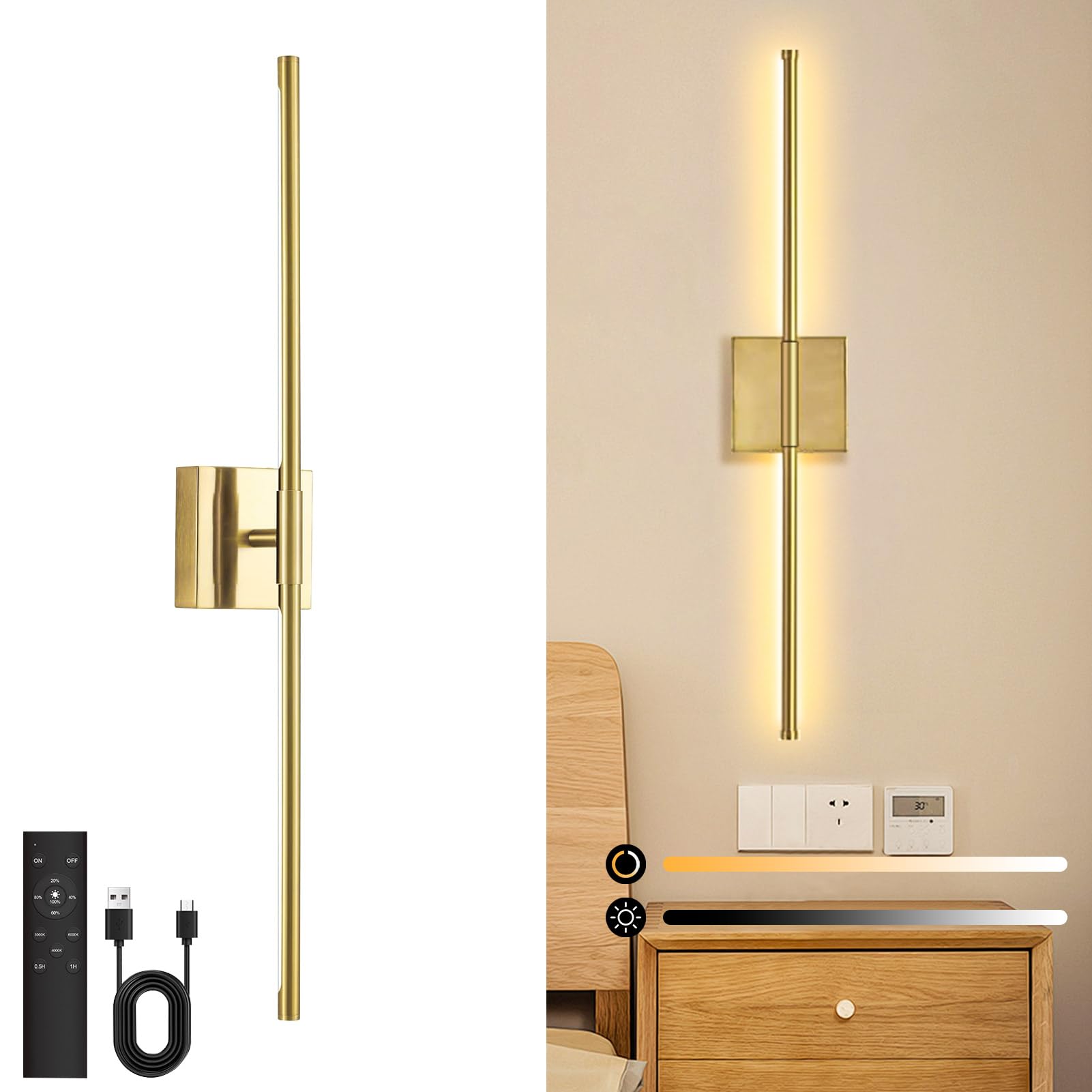 Danhh Wall Sconce, Dimmable 3000K-6000K, Rechargeable, 350° Rotate, 1 Pack, Metal, Gold, Model HCP042