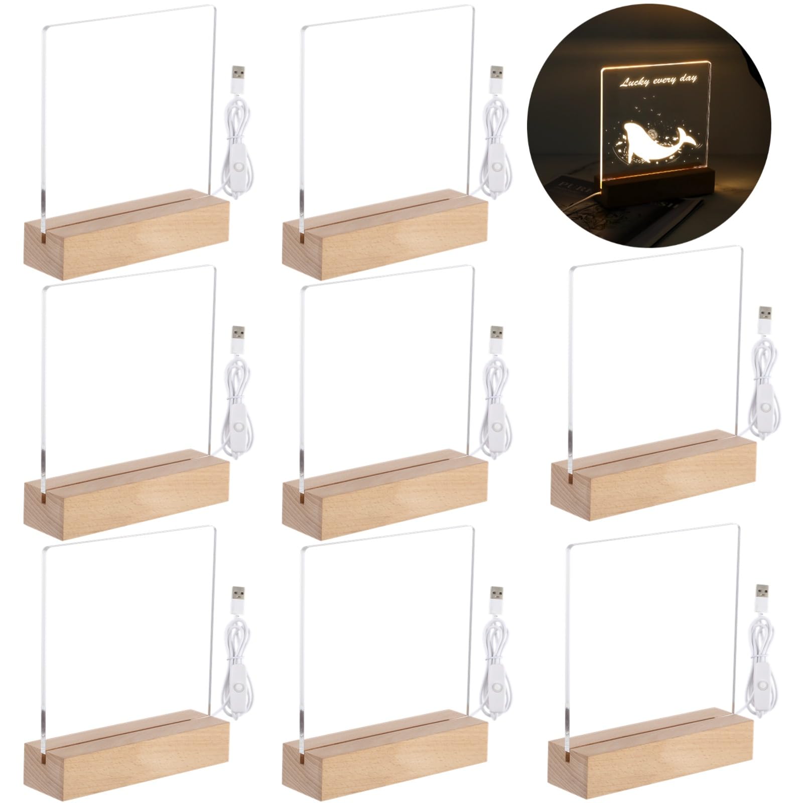 Lnrueg Led Wooden Acrylic Light Base And Blanks (8) 7''Led Acrylic Light Base, Transparent Acrylic Night Lights With Usb Cables