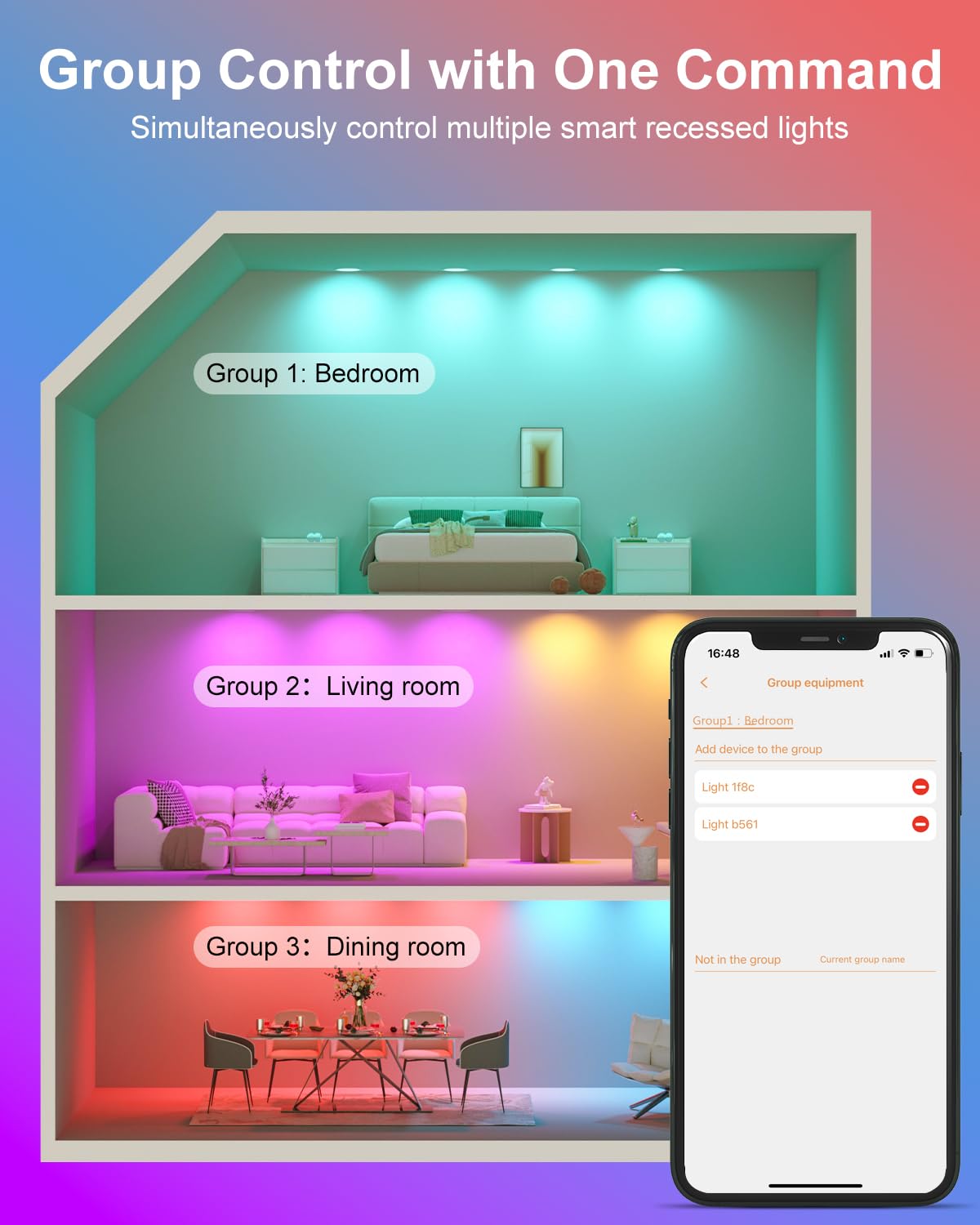 Smart Recessed Lighting 6 Inch Rgbcw Color Changing 16W Led Downlights With Junction Box,1350 Lumen Canless Wafer Recessed Ceili