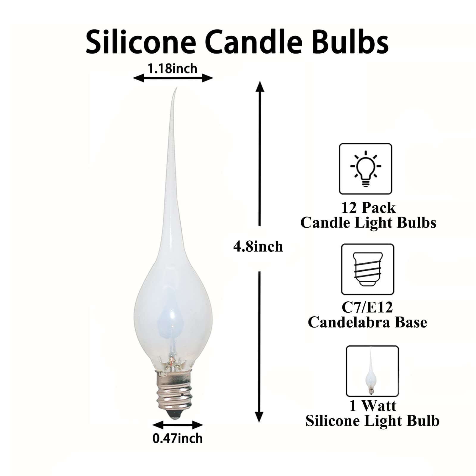 Cbebew Silicone Dipped Candle Light Bulbs, Flicker Flame, C7/E12 Base, 1 Watt, 12 Count, Perfect for Chandeliers and Window Lamps
