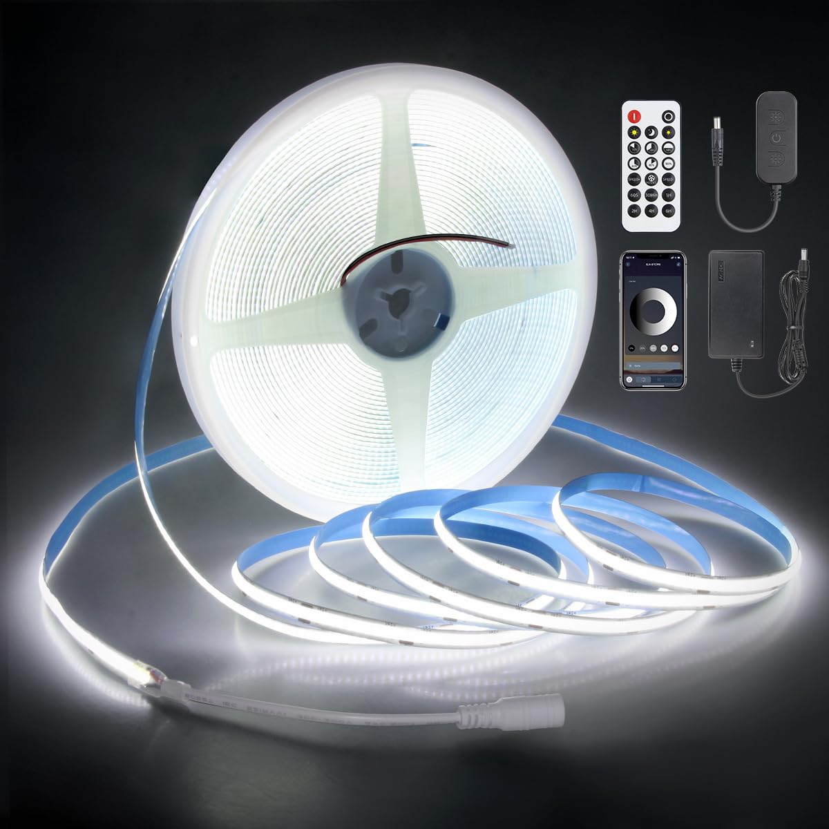 Aclorol 50FT COB LED Band Lights 24V Cold White 6000K Dimmable LED Light for Bedroom with Remote and App Control 8mm Width LED Flexible Tape Lights for Cabinet Room Kitchen Mirror TV Bookshelves