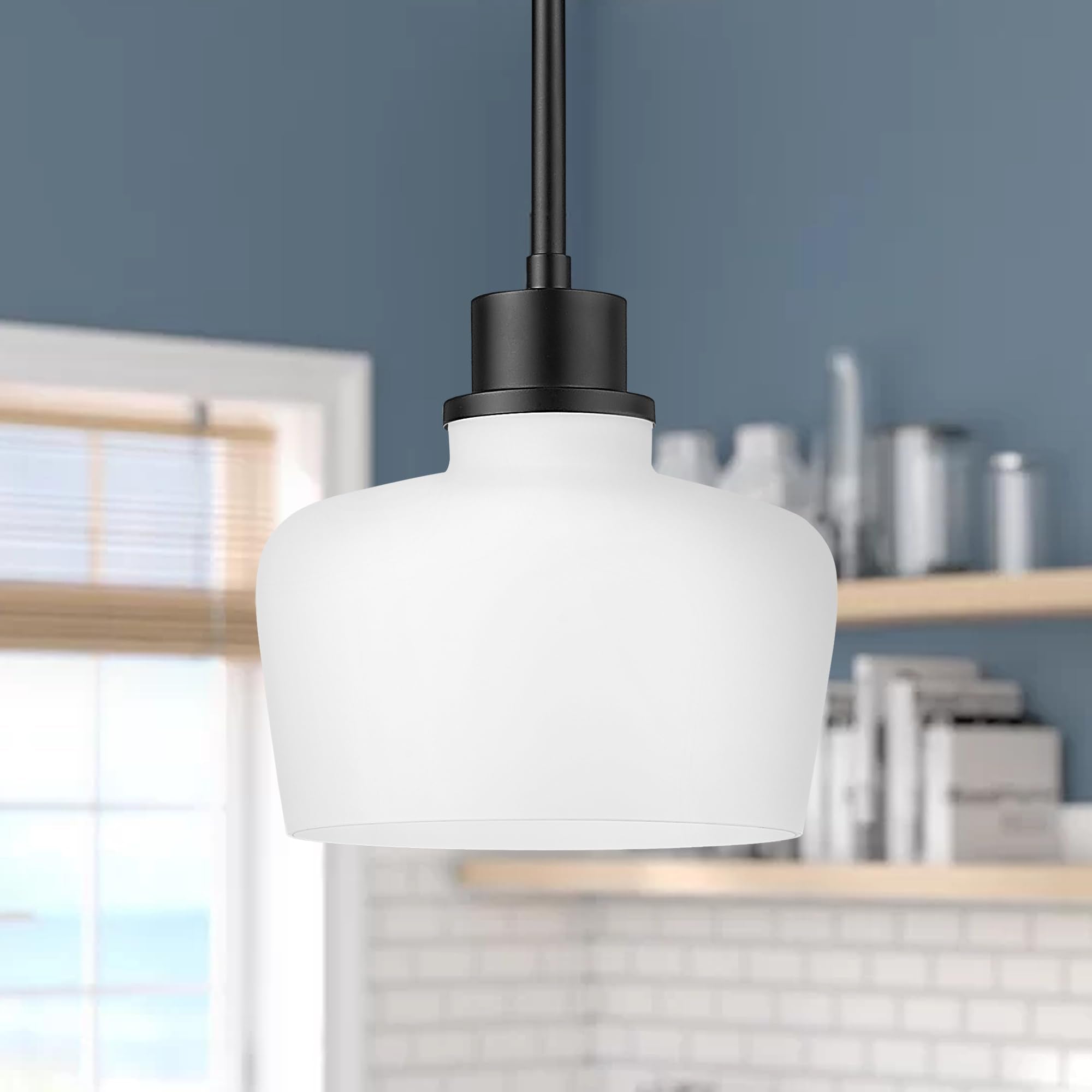Emak Modern 8 Inch Black Pendant Light, Farmhouse Pendant Lighting With Milk Glass Shade, 1 Light Hanging Light Fixture For Kitc