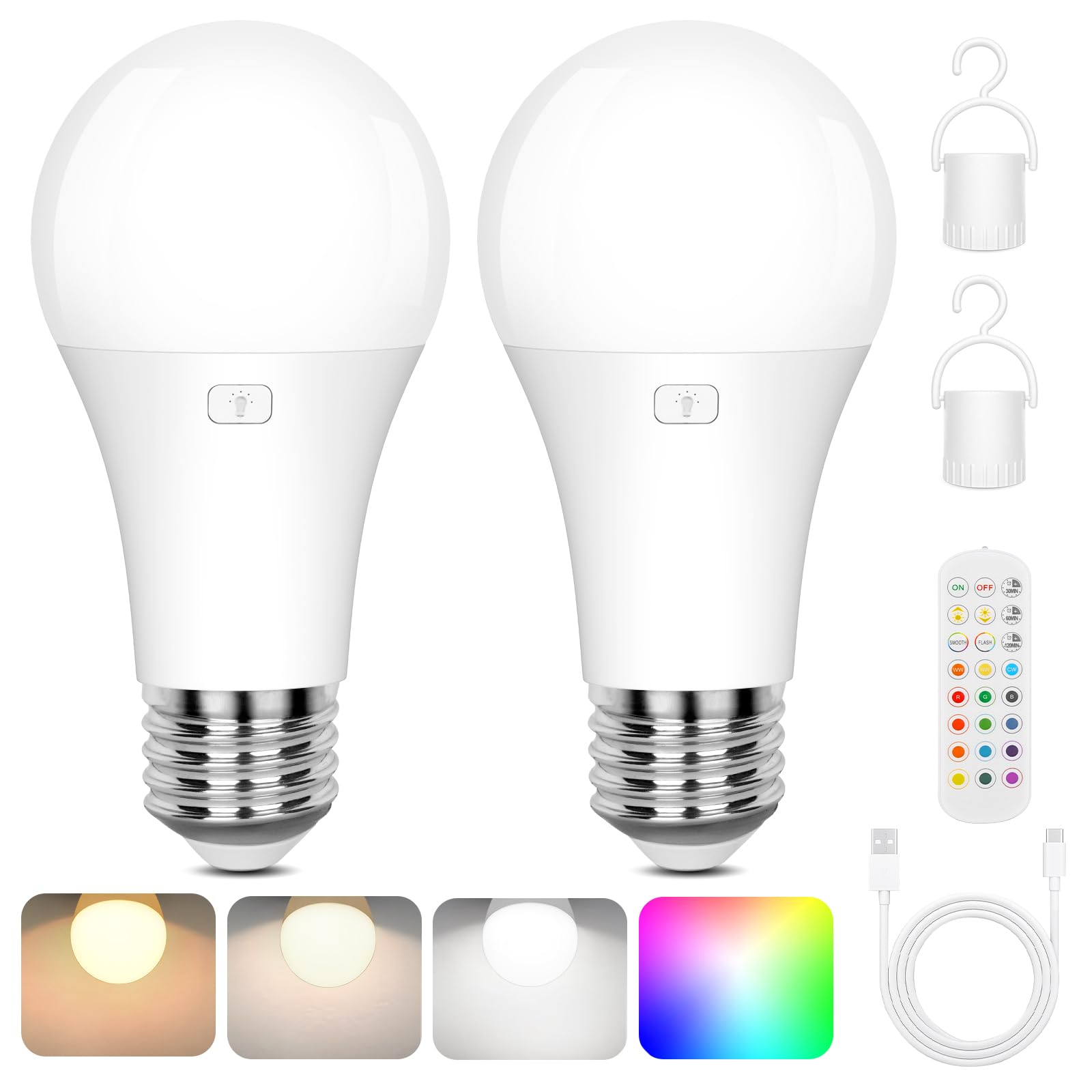 Rechargeable Battery Operated A19 Light Bulb With Remote Control 2 Packs, Dimmable Detachable Led Bulb With 15 Colors Selectable