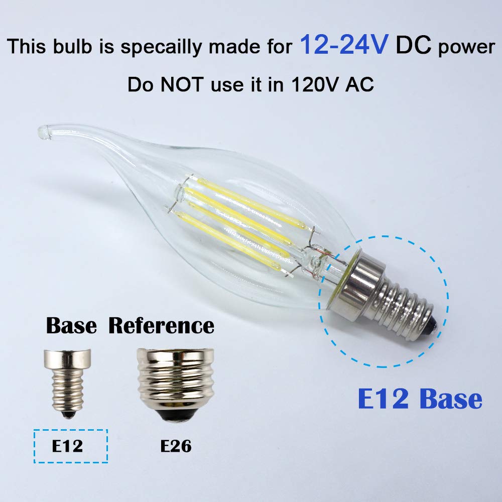 OPALRAY 12V-24V DC LED Candle Bulb, 4W 400Lm, 6000K Cool White, Dimmable, Clear Glass Flame Tip, 3