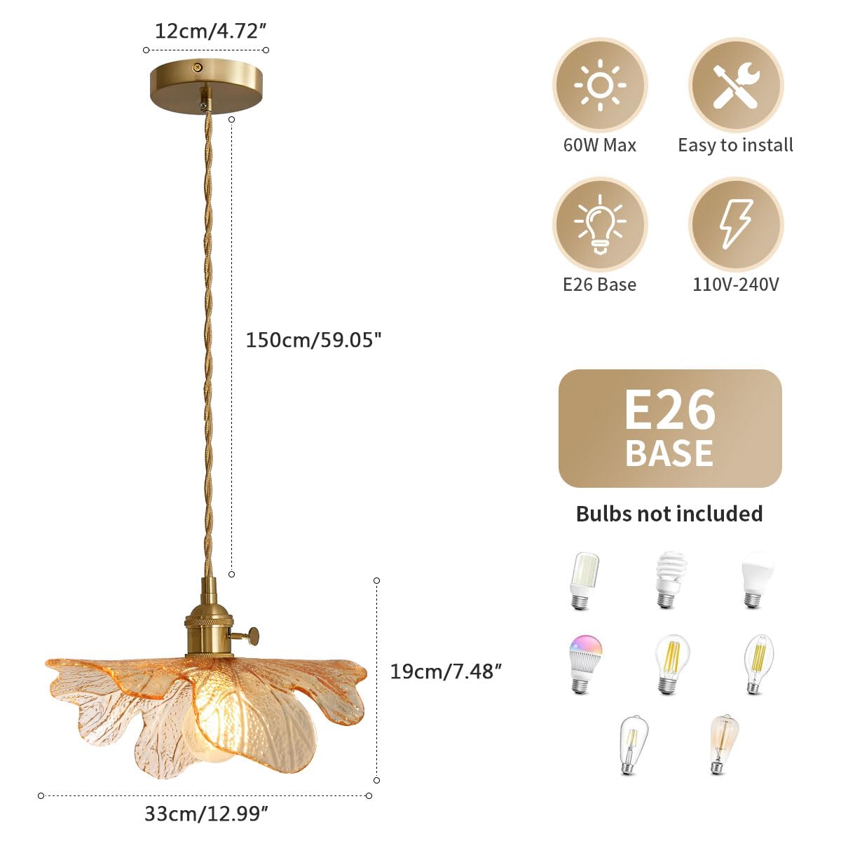 Auwieou Mid Century Modern Pendant Light Glass Pendant Lights With Hand Blown Amber Glass Shade Brass Pendant Light Farmhouse Go