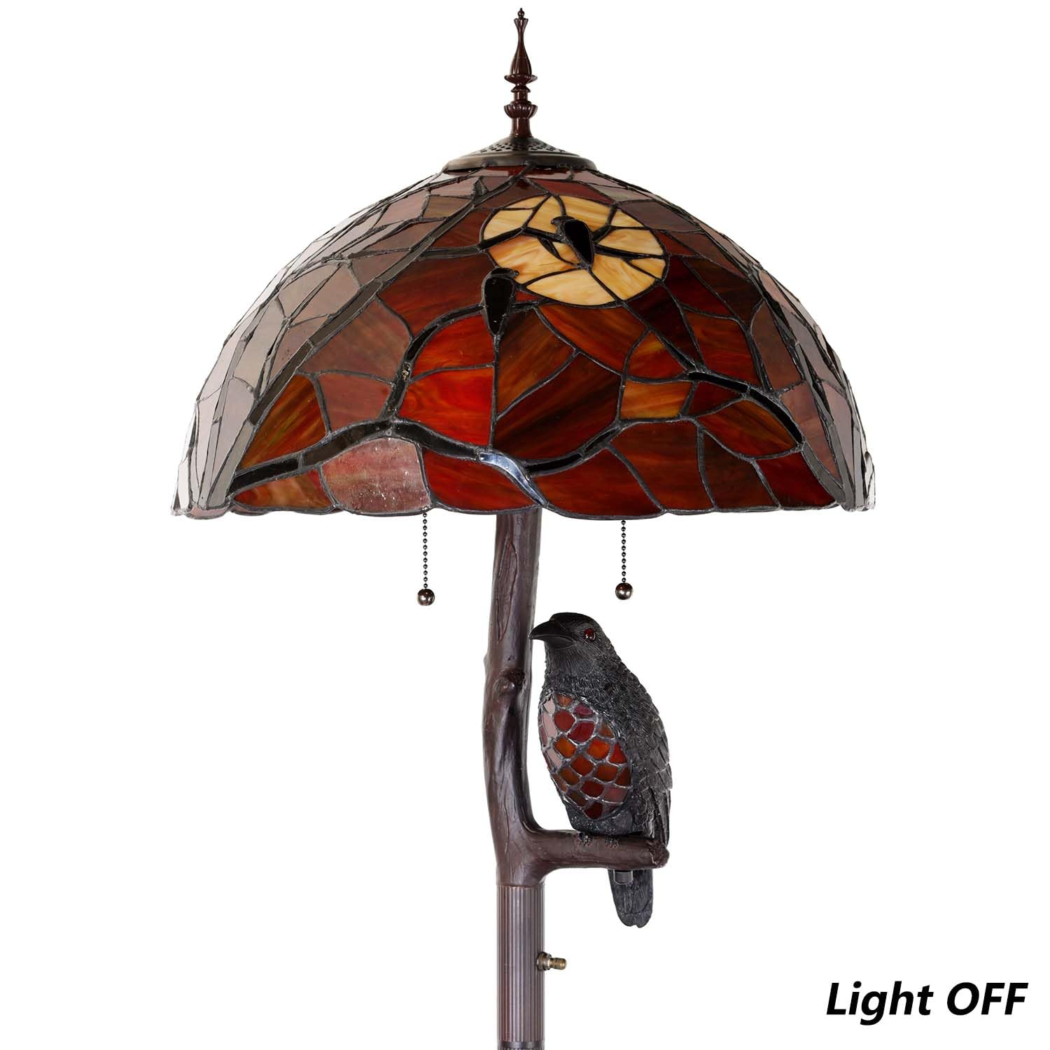 Bieye Tiffany Style Stained Glass Floor Lamp - Ravens On Tree Branch, 65 Tall, Black Red, Model Owlfloor, Double Lit Night Light