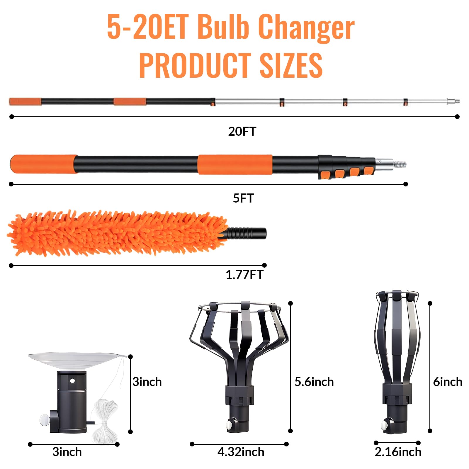 Generic Light Bulb Changer - 26FT Telescopic Extension Pole, Aluminum, Orange, Model BC-RCHLC-001, Ideal for High Ceilings and Recessed Lights