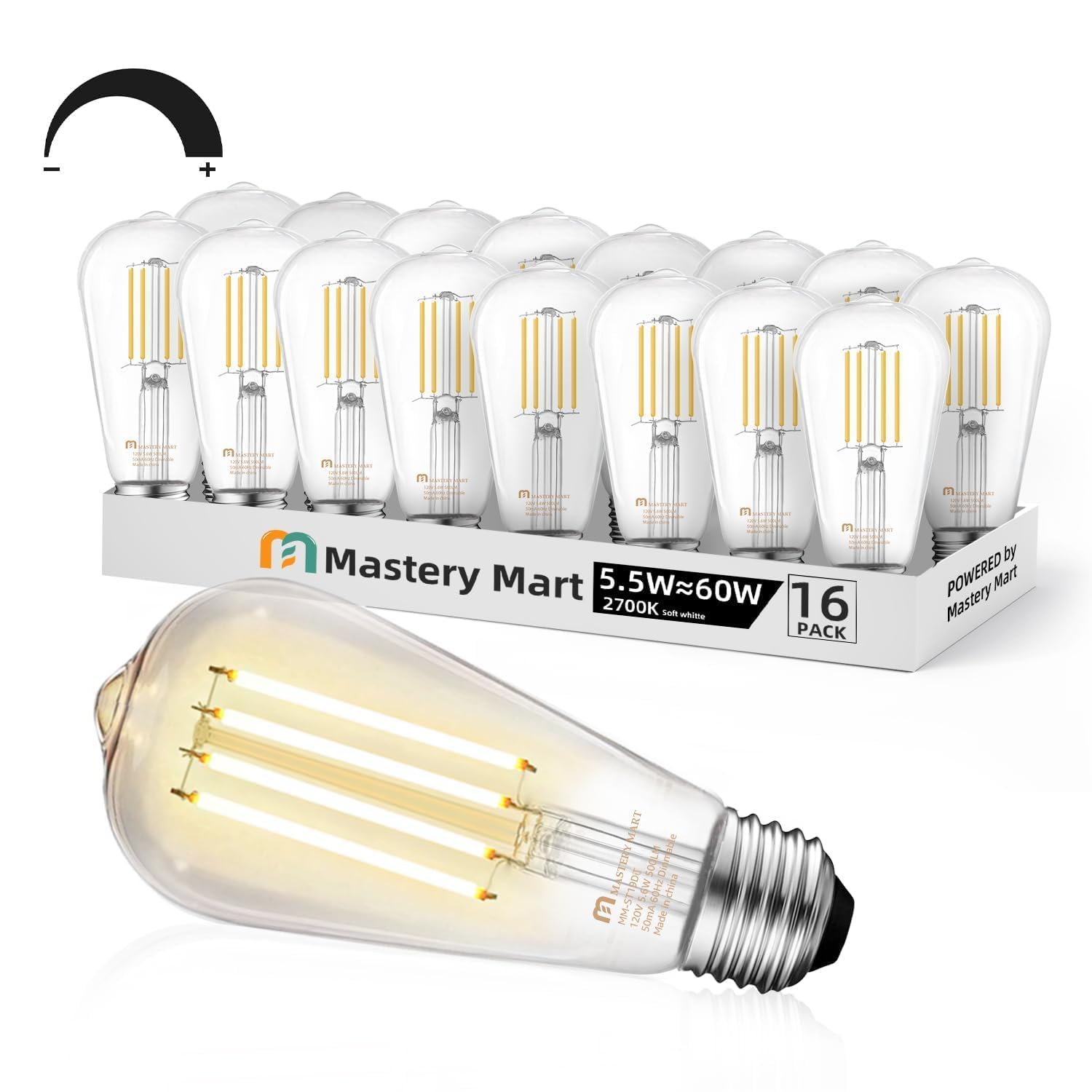 MASTERY MART Vintage Edison Bulbs, E26 LED Dimmable 5.5W, 16 Pack, 2700K Soft White, Clear Glass, Model MM-ST19