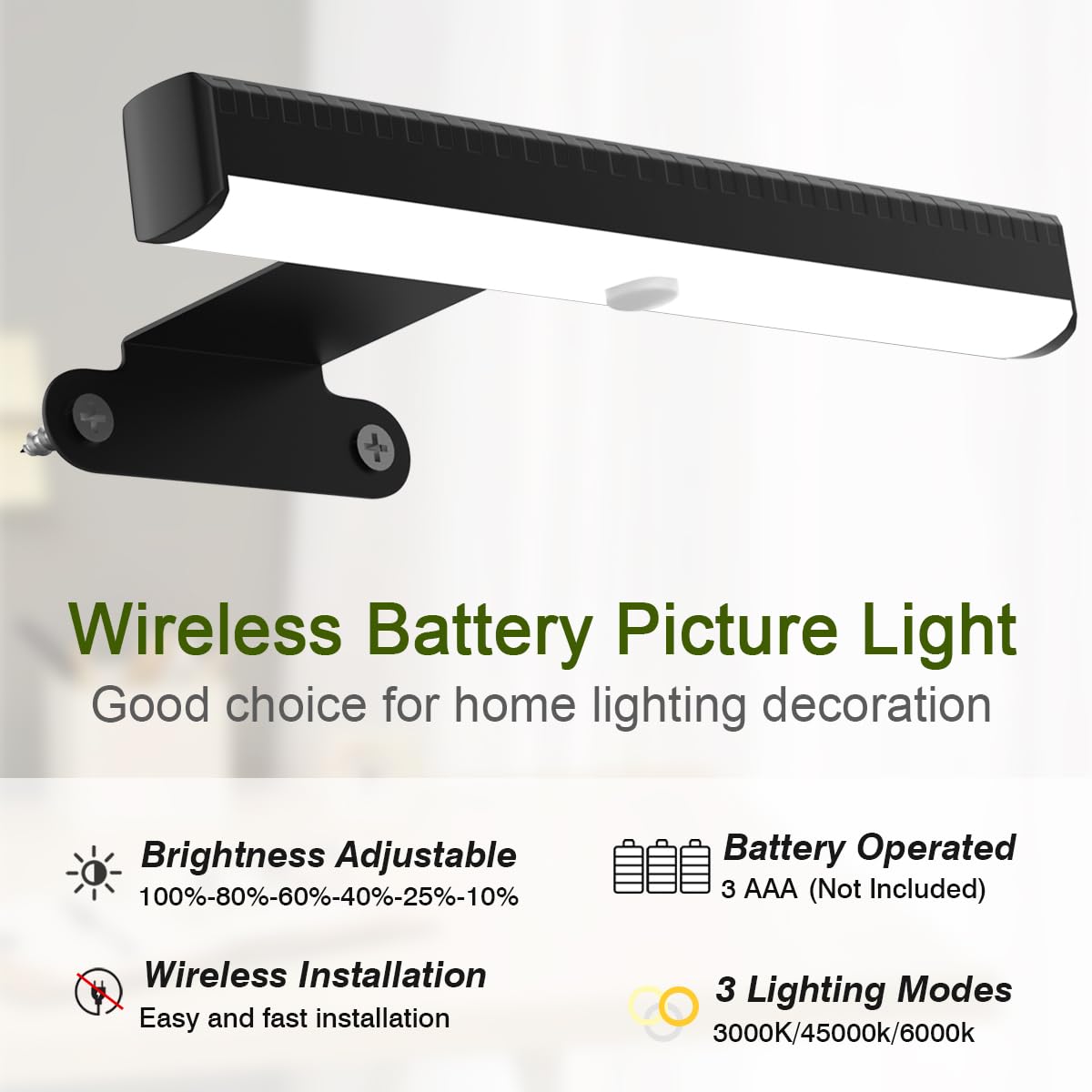 EUIOKUN 6-Pack Wireless Picture Light - Dimmable LED Wall Sconces, Battery Operated, Black, Model m220 for Art & Home Decor
