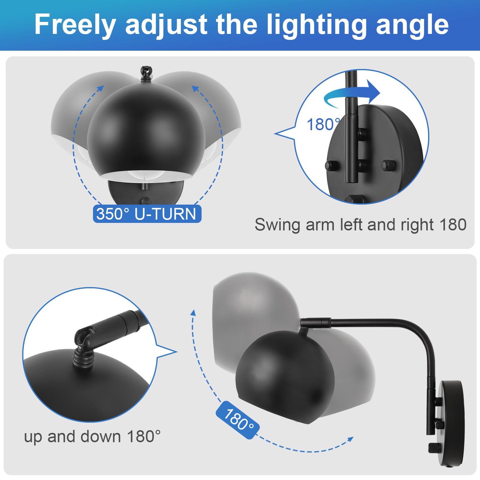 Vatoni Plug In Wall Sconces, Dimmable Wall Sconce Swing Arm Wall Lights With Plug In Cord And Dimmer On/Off Knob Switch, Black G