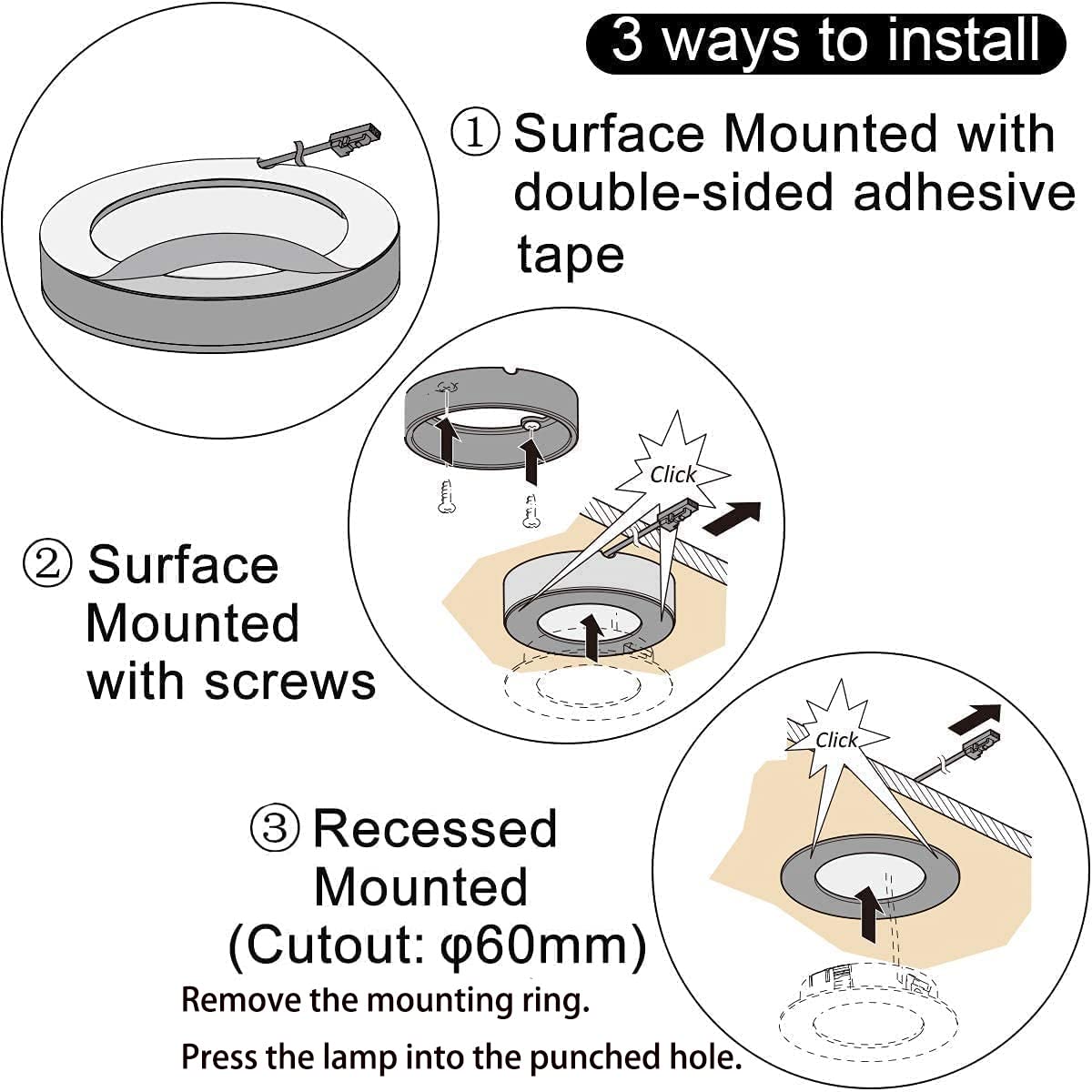 VST Under Cabinet Lighting Puck Light, 12V 2W, Wireless Dimmer, 3 Pack Black 4000K, Recessed or Surface Mount, Model 028