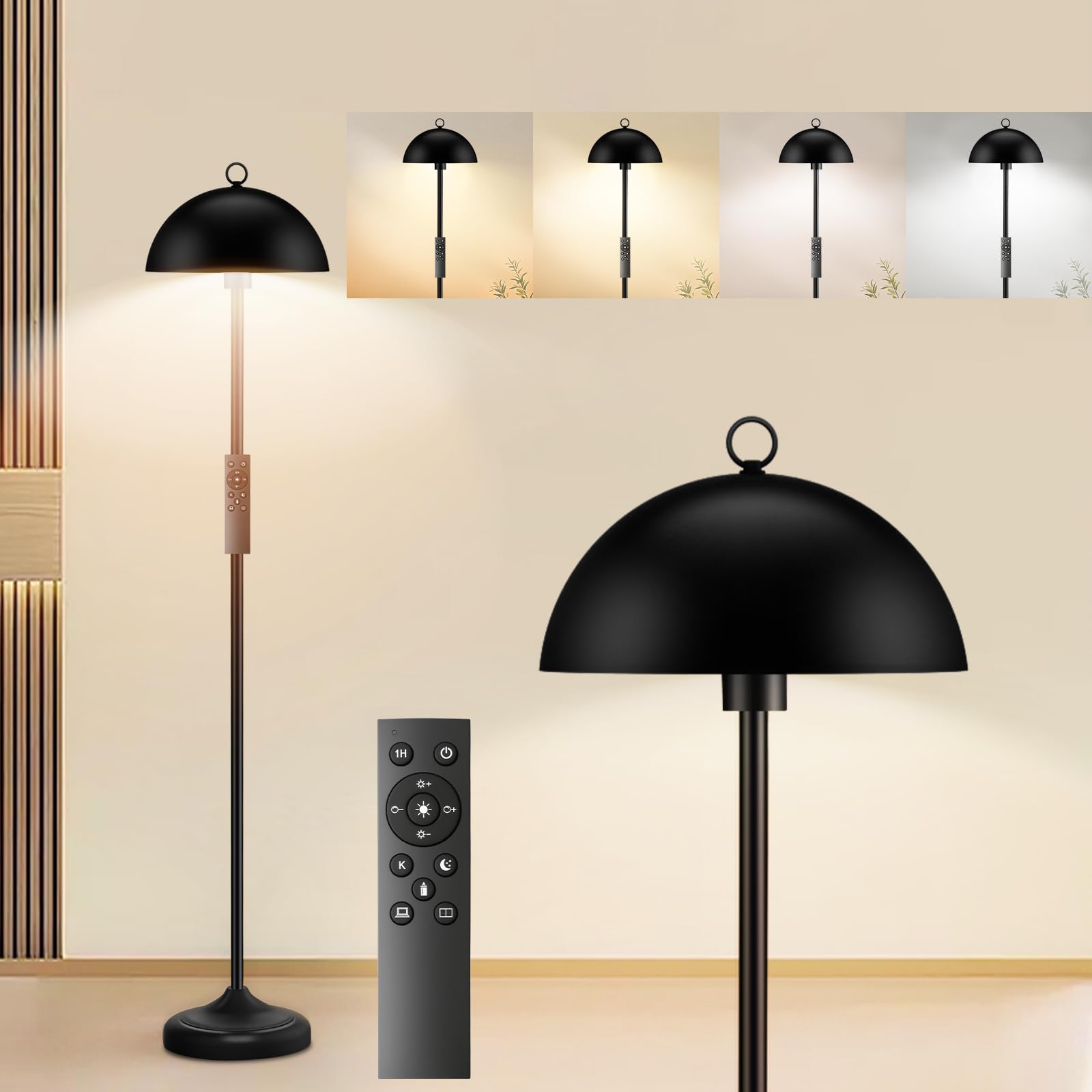 GDRKNP Industrial Floor Lamp, Smart Remote Control, Stepless Dimmable, Metal, Large, Black, Model RSTL-0005BK