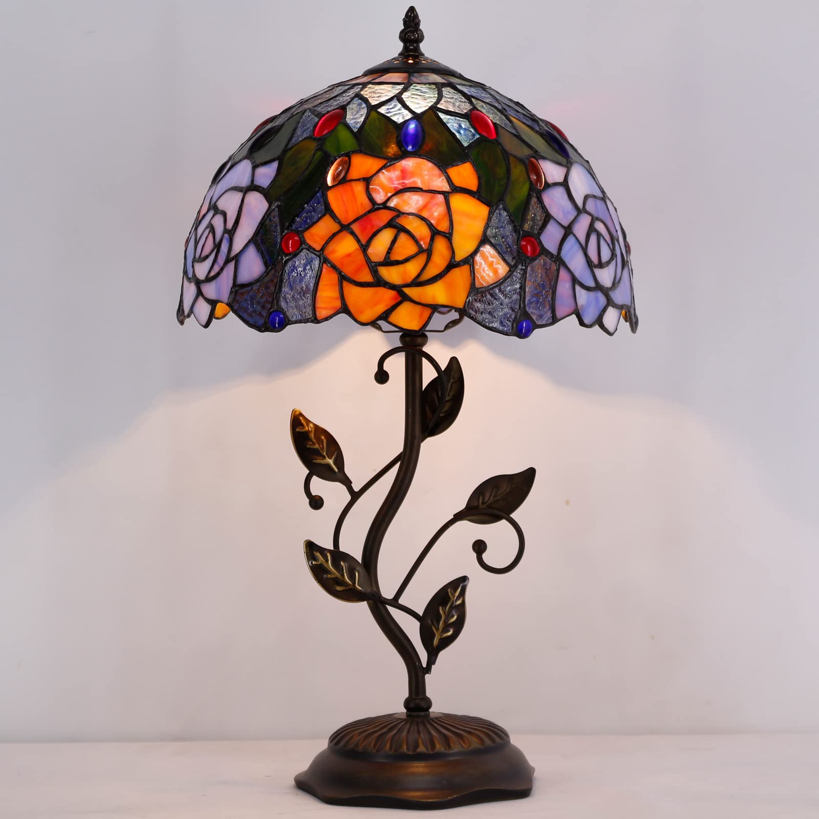 Avivadirect Tiffany Lamp Orange Red Rose Flower Stained Glass Table Lamp Desk Bedside Reading Light 12X12X19 Inches With Metal L