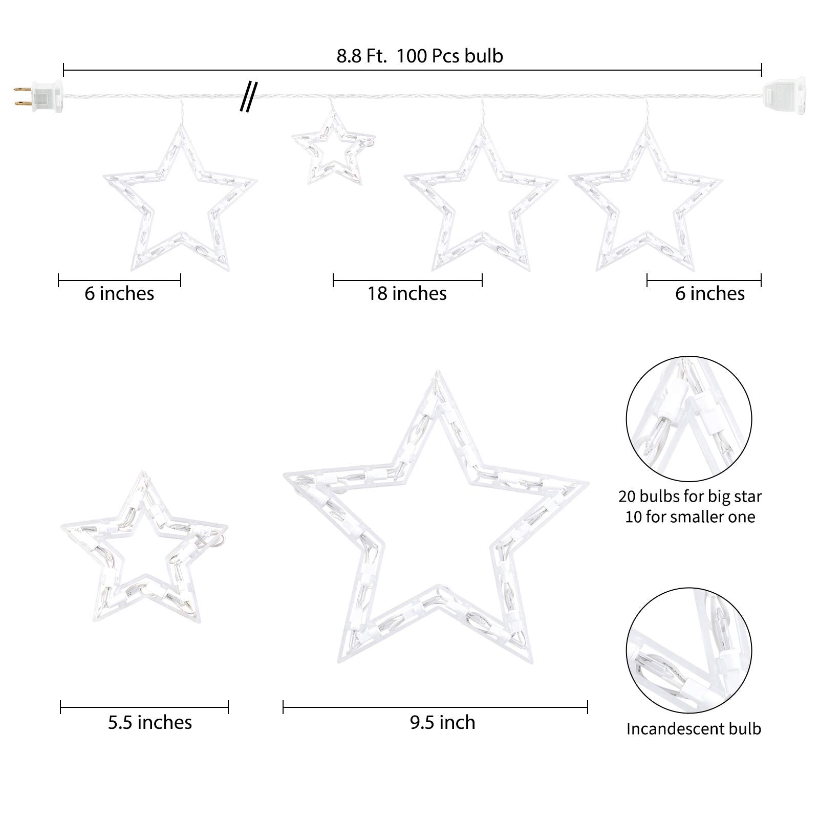 Minetom Christmas Star Icicle String Lights - 9ft with 100 Mini Bulbs, 6 Drops, Clear, Plug-in Connectable for Indoor/Outdoor Decor