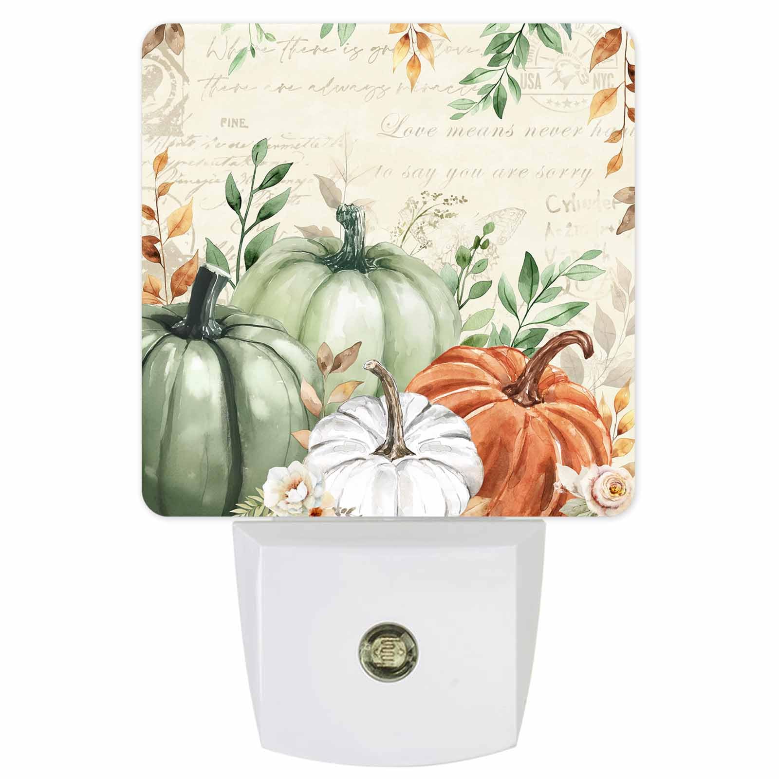 Fall Night Lights Auto Sensor Sage Green Pumpkin Plug-In Led Nightlights Dusk To Dawn For Living Room  Bedroom  Bathroom  Kitchen  Hallway  Stairways Thanksgiving Holiday  Floral Eucalyptus Leaves