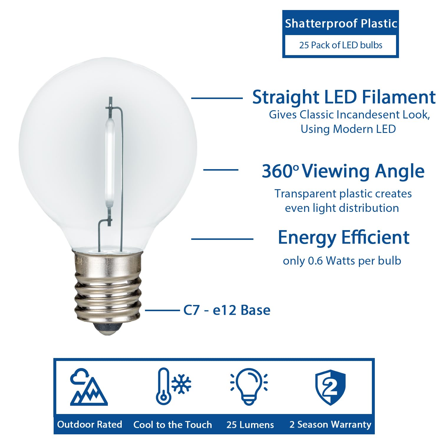 Novelty Lights 25 Pack Pure White G40 Led Filament String Light Bulbs  E12/C7 Candelabra Base  5 Watt Equivalent  Shatterproof Replacement Bulbs For Patios  Canopy Lighting