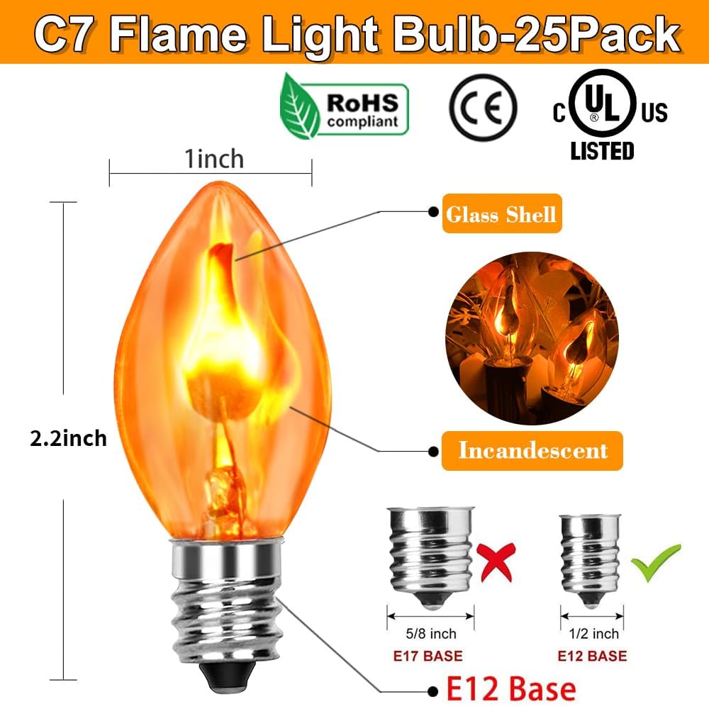 Doratale C7 Orange Flame Light Bulbs - 25 Pack Glass Candelabra Bulbs for Christmas String Lights, E12 Base, 120 Volt