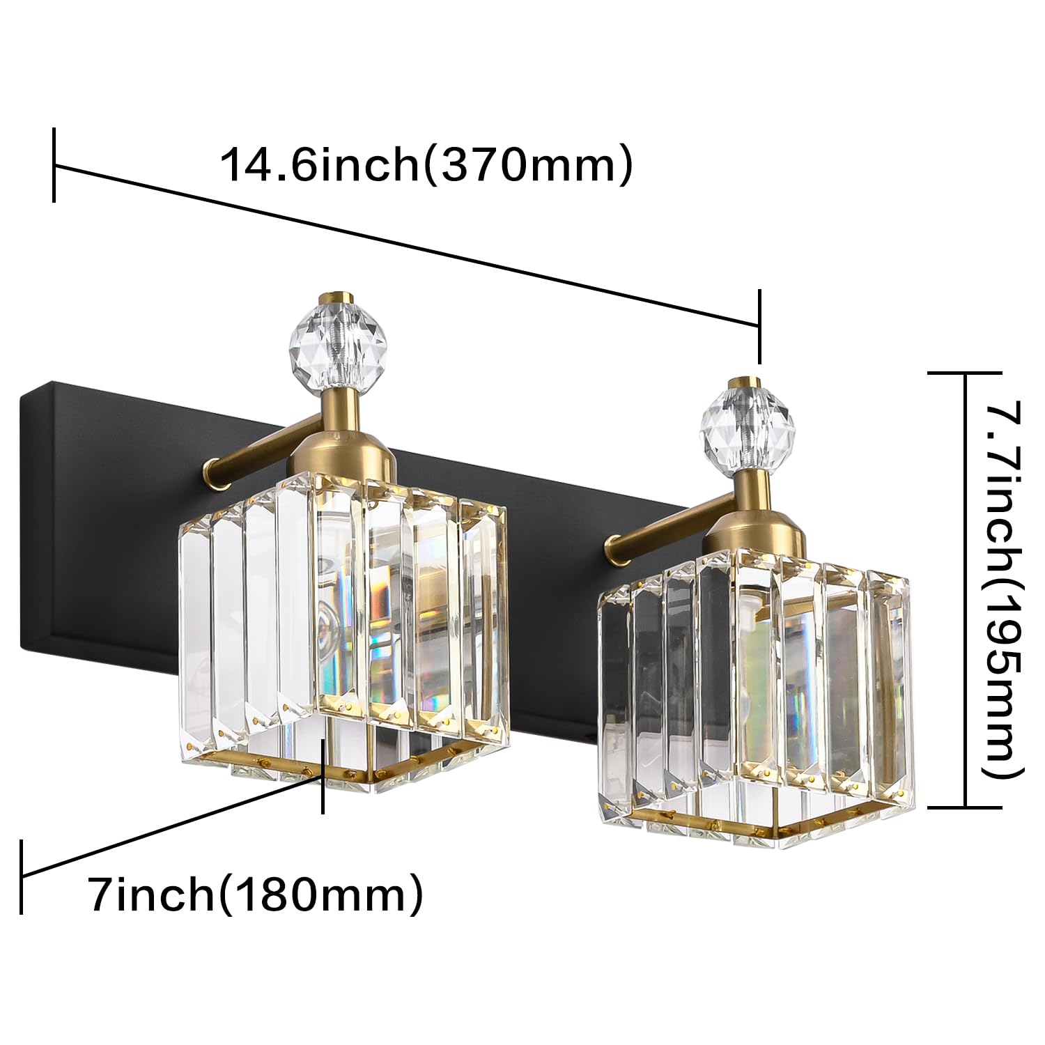PRESDE Bathroom Vanity Light 2-Lights Stainless Steel Black and Gold Square Model PRESDE-2L-BW-K9-GLD-1