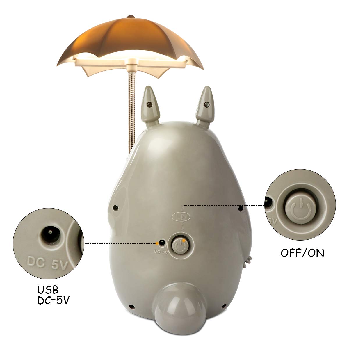 BATVOX Totoro Umbrella LED Night Light Lamp USB Charge - White Belly, Model BT-1014, Bonus Totoro Tumbler for Kids
