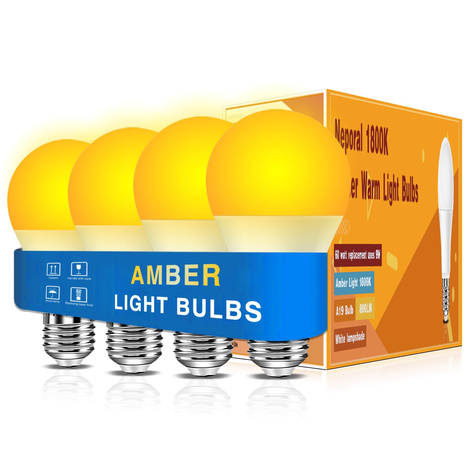 Neporal Amber Sleep Light Bulbs 1800K 4PK, 9W 60 Watt Equivalent, 99.96% Blue Blocking Soft Warm Light Bulbs A19, Amber Night Li