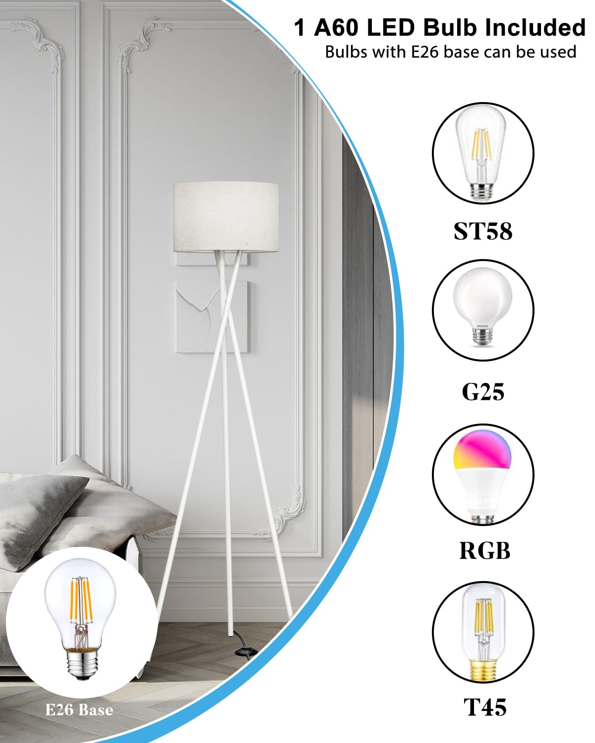 Lightdot White Tripod Floor Lamp, Modern Floor Lamp For Living Room, Standing Lamp With Linen Shade, E26 Bulb Included, 66'' Tal