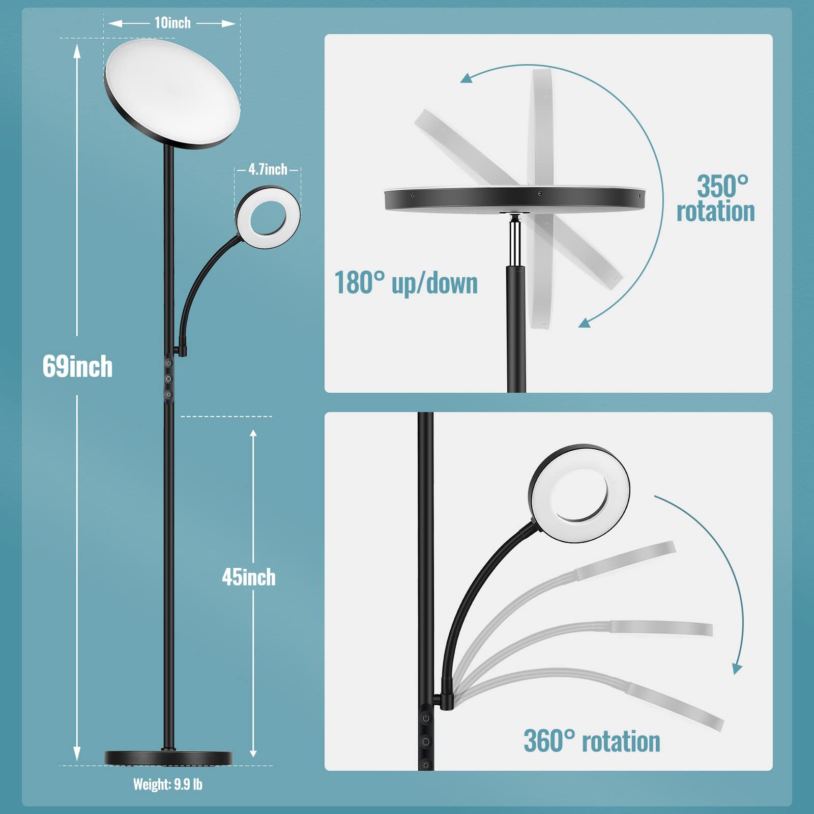 Marctronic Floor Lamp - 42W LED Torchiere with Adjustable Reading Light, Dimmable, Black, Model RM02