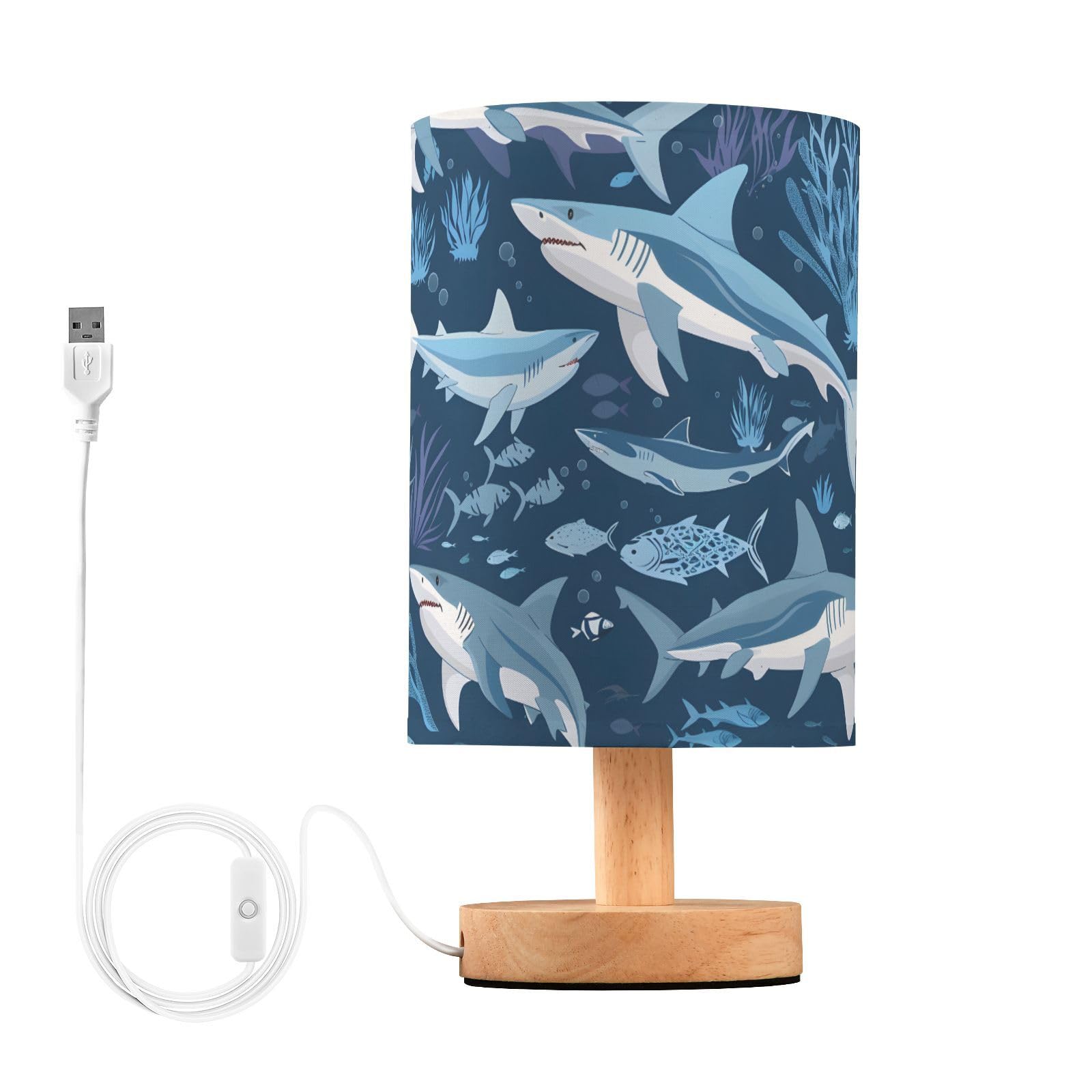 ALAZA Sharks Blue Ocean Lamp for Girls Boys Bedroom Bedside Table Lamp with USB Port LED Kids Nightstand Lamp Wood Base Desk Liv